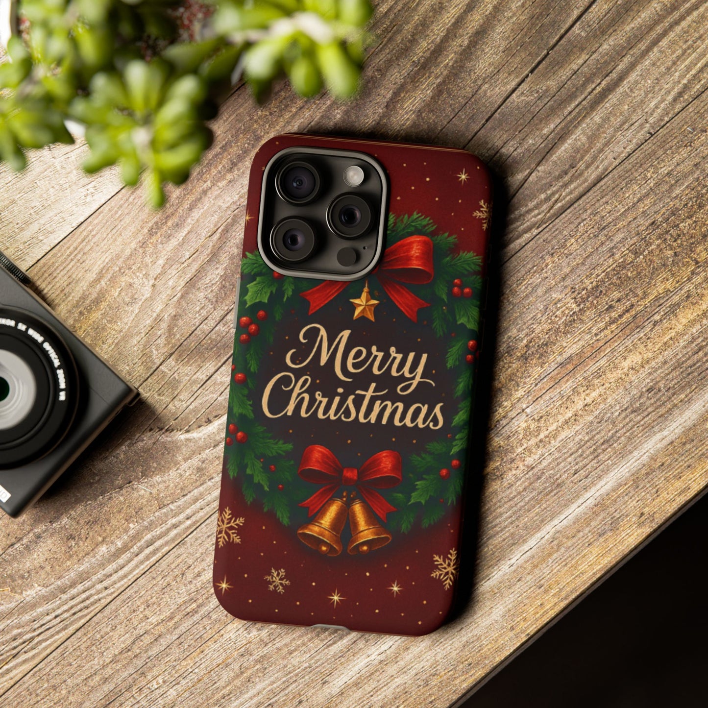 Merry Christmas Tough Phone Case — Festive Wreath & Bells Holiday Cover