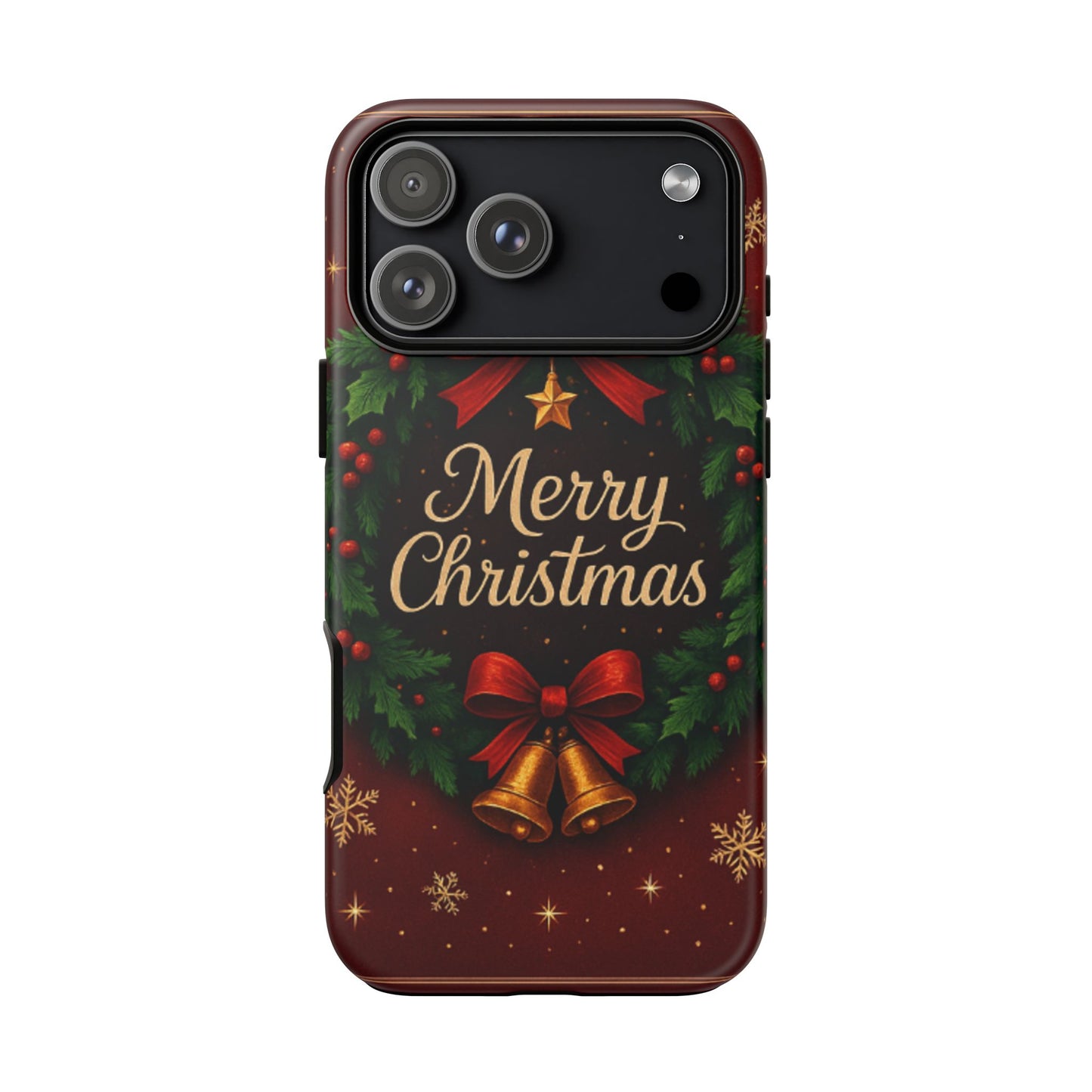 Merry Christmas Tough Phone Case — Festive Wreath & Bells Holiday Cover