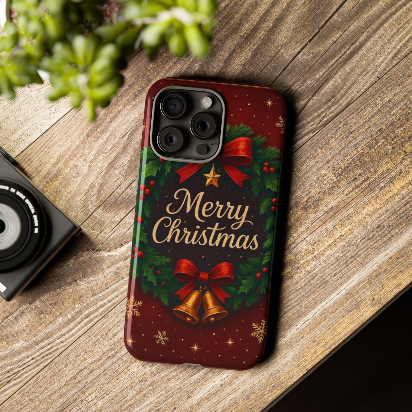 Merry Christmas Tough Phone Case — Festive Wreath & Bells Holiday Cover