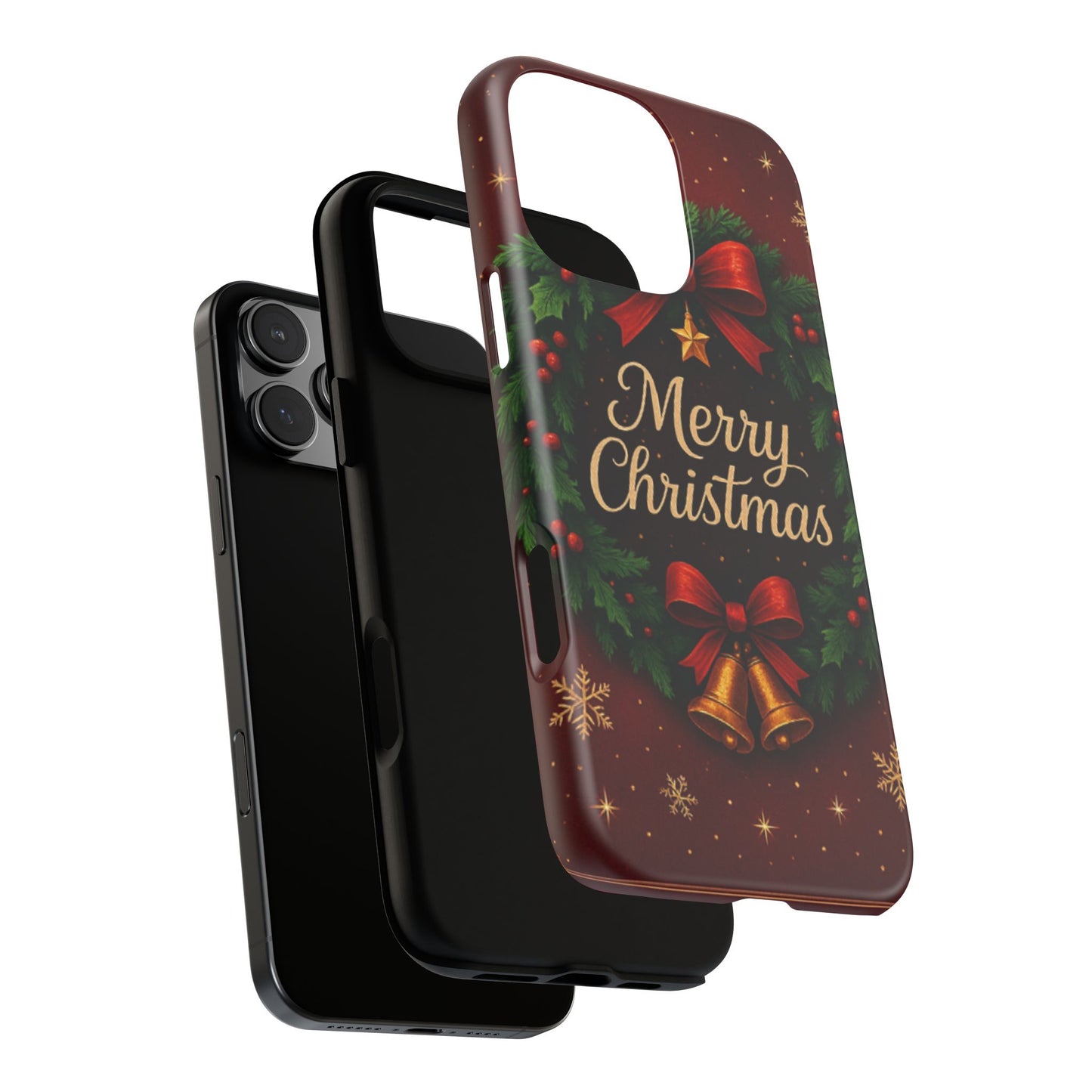 Merry Christmas Tough Phone Case — Festive Wreath & Bells Holiday Cover