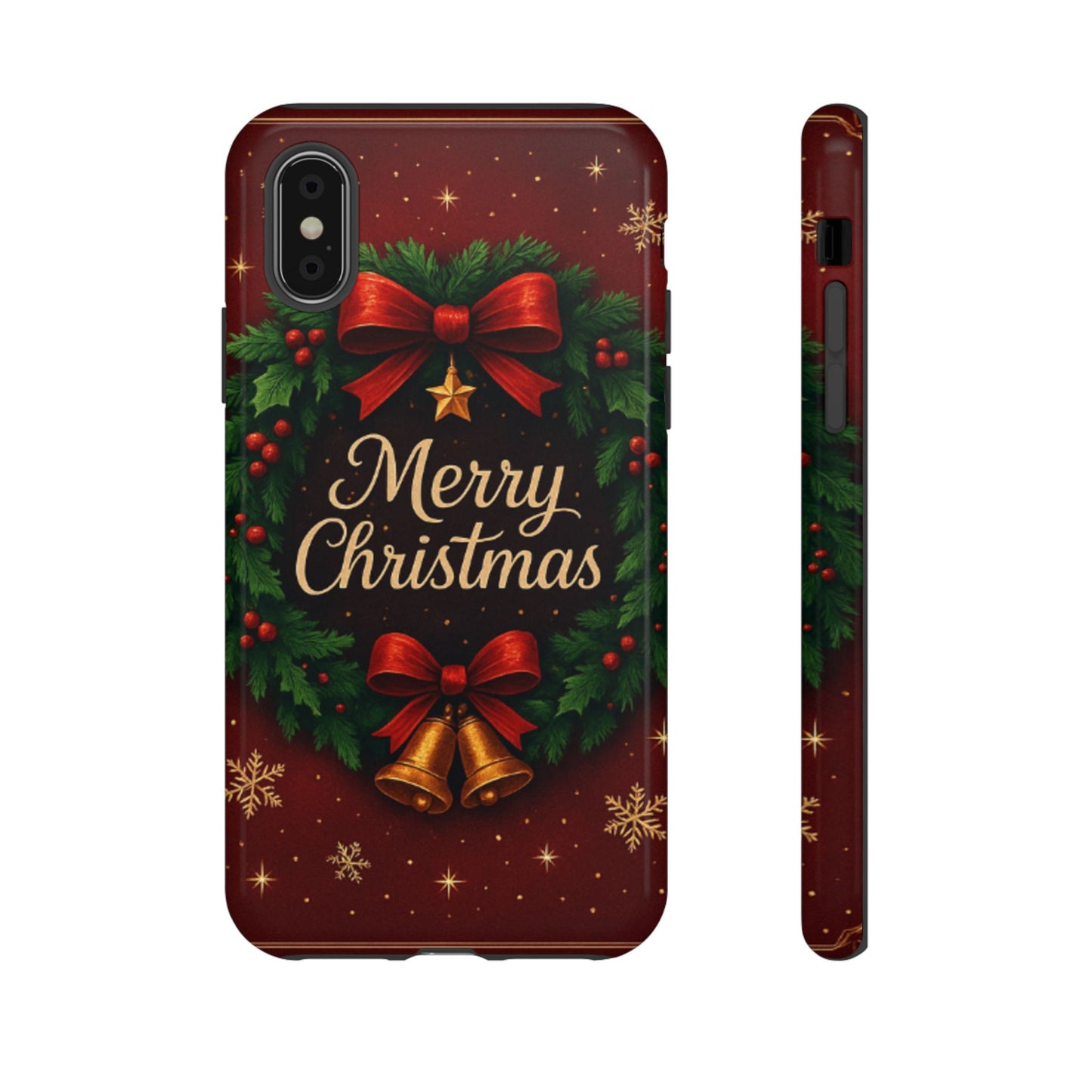 Merry Christmas Tough Phone Case — Festive Wreath & Bells Holiday Cover