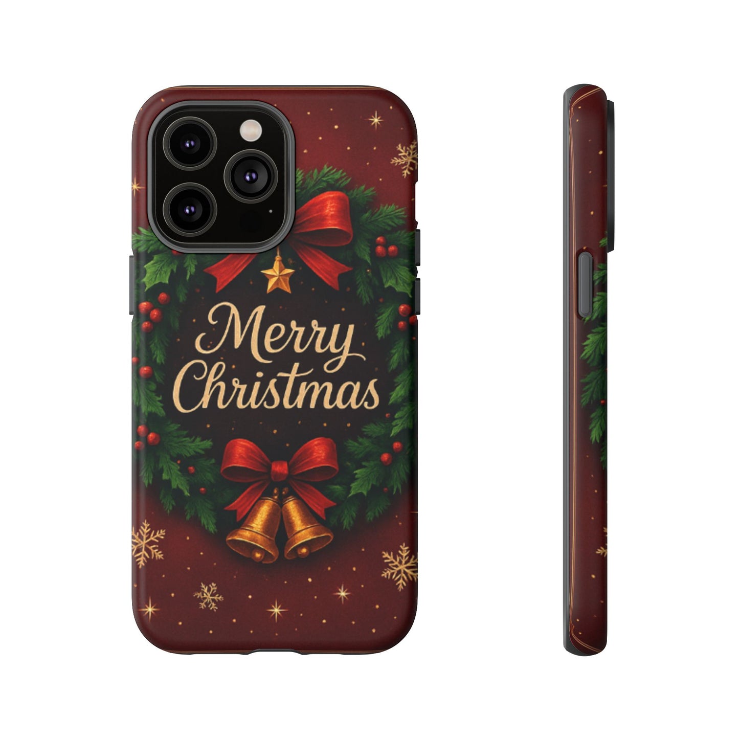 Merry Christmas Tough Phone Case — Festive Wreath & Bells Holiday Cover
