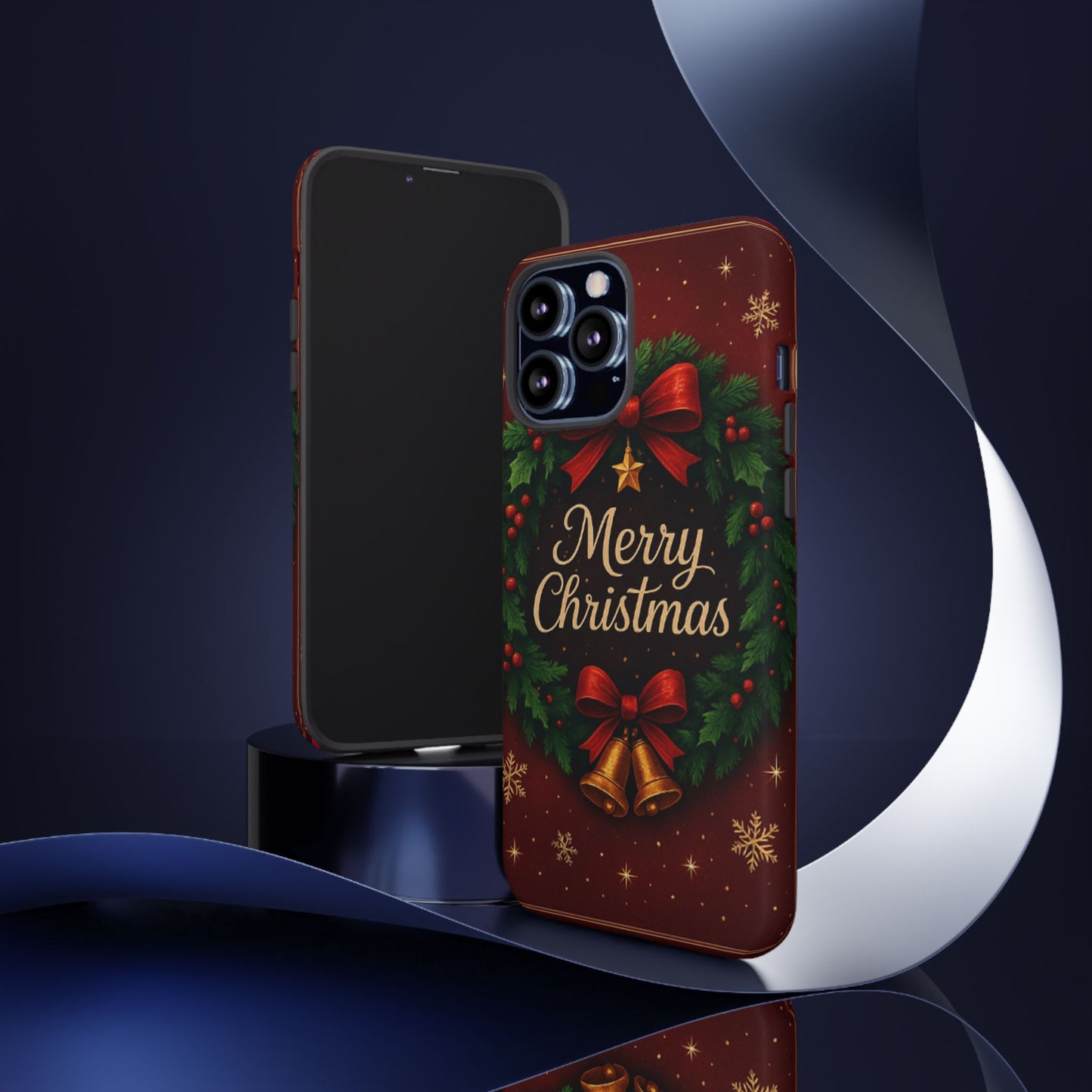 Merry Christmas Tough Phone Case — Festive Wreath & Bells Holiday Cover