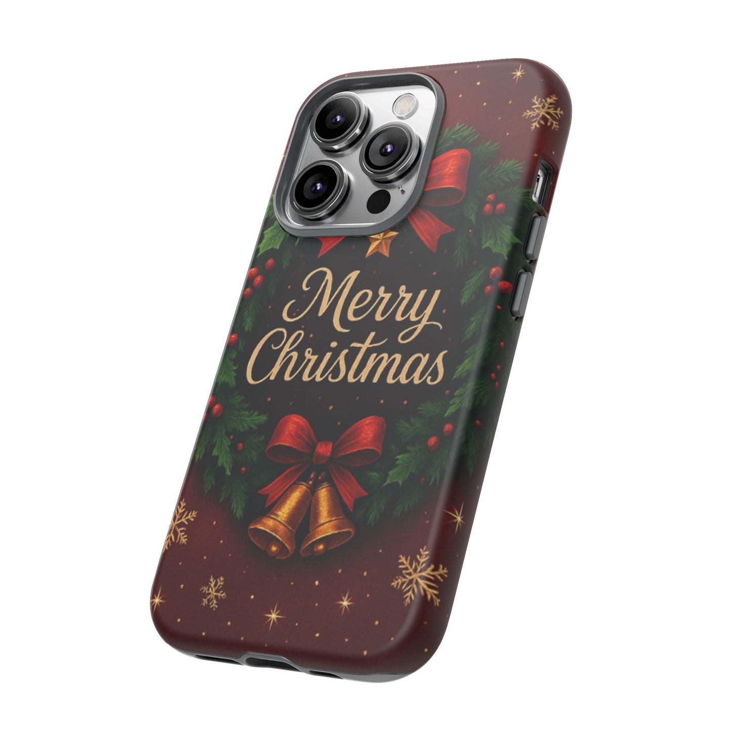Merry Christmas Tough Phone Case — Festive Wreath & Bells Holiday Cover