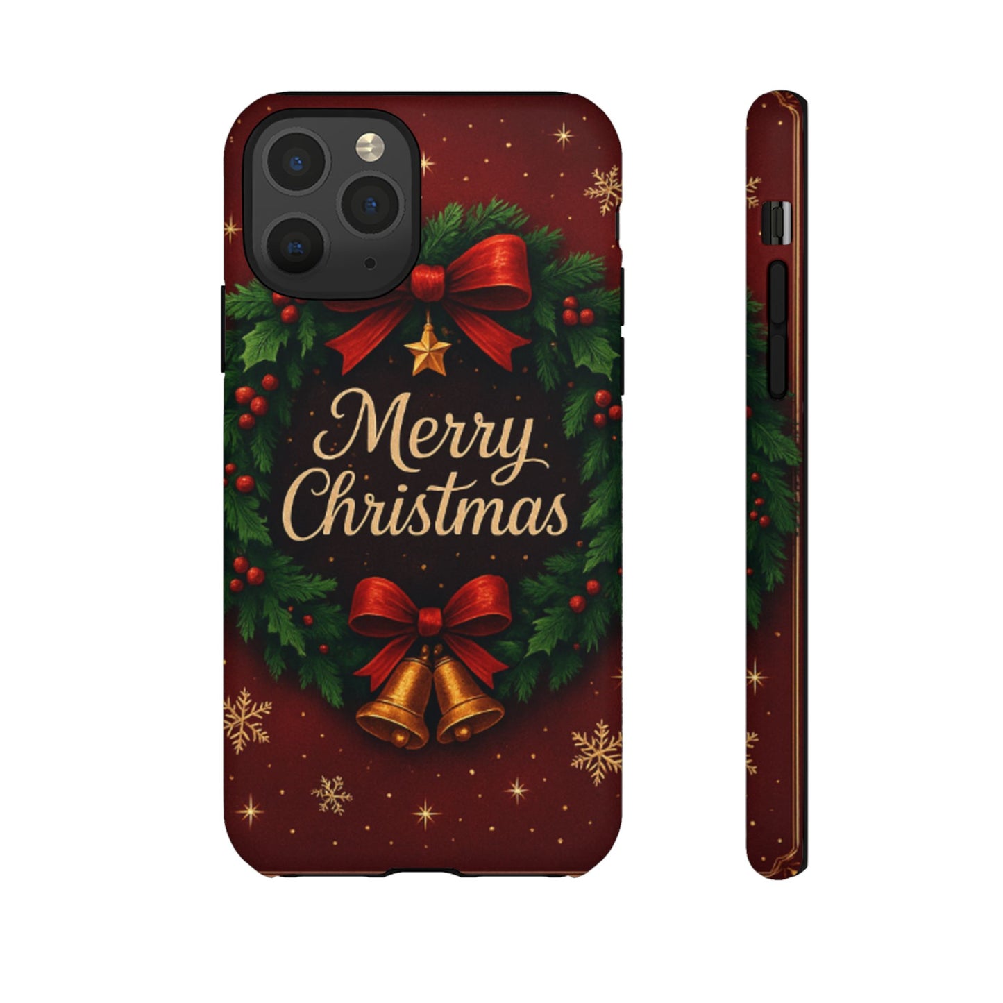Merry Christmas Tough Phone Case — Festive Wreath & Bells Holiday Cover