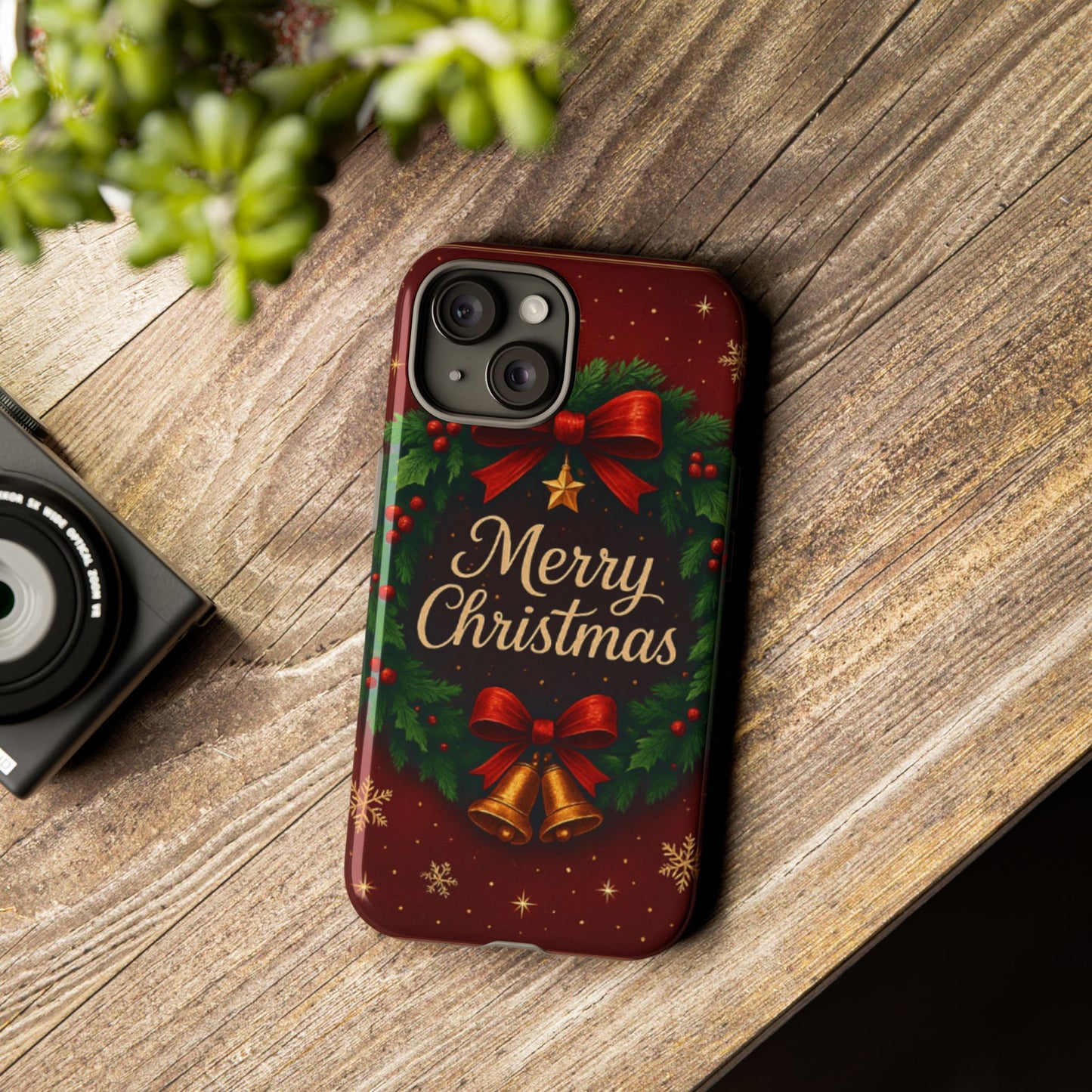 Merry Christmas Tough Phone Case — Festive Wreath & Bells Holiday Cover