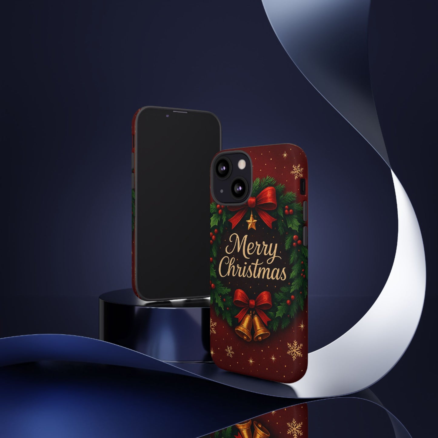 Merry Christmas Tough Phone Case — Festive Wreath & Bells Holiday Cover