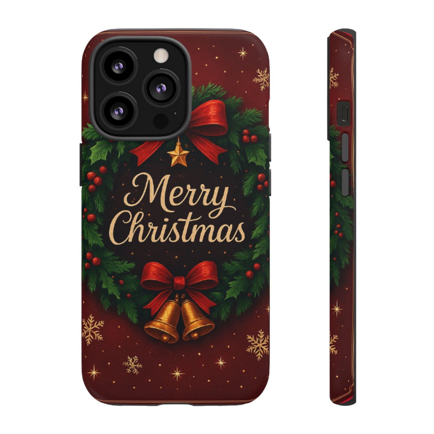 Merry Christmas Tough Phone Case — Festive Wreath & Bells Holiday Cover
