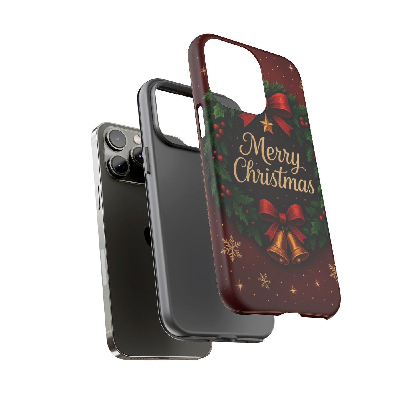 Merry Christmas Tough Phone Case — Festive Wreath & Bells Holiday Cover