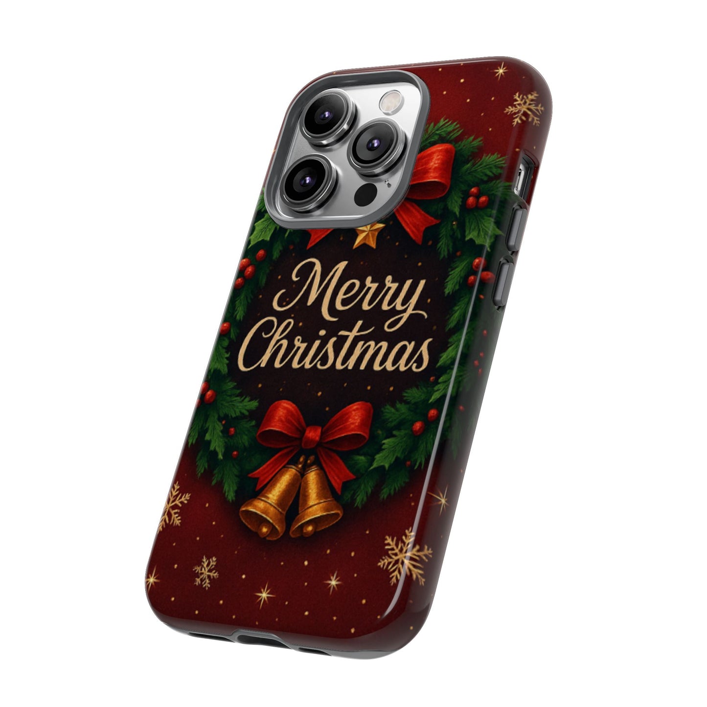 Merry Christmas Tough Phone Case — Festive Wreath & Bells Holiday Cover