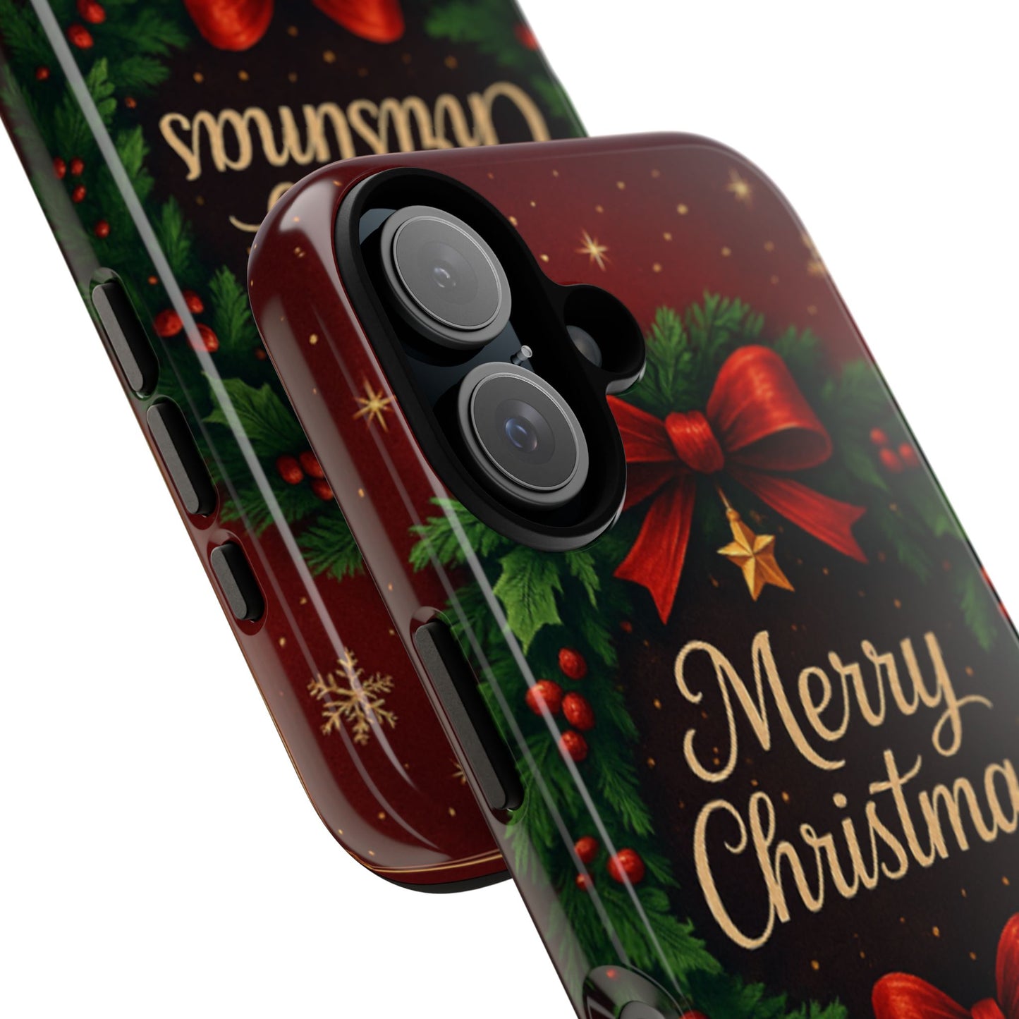 Merry Christmas Tough Phone Case — Festive Wreath & Bells Holiday Cover