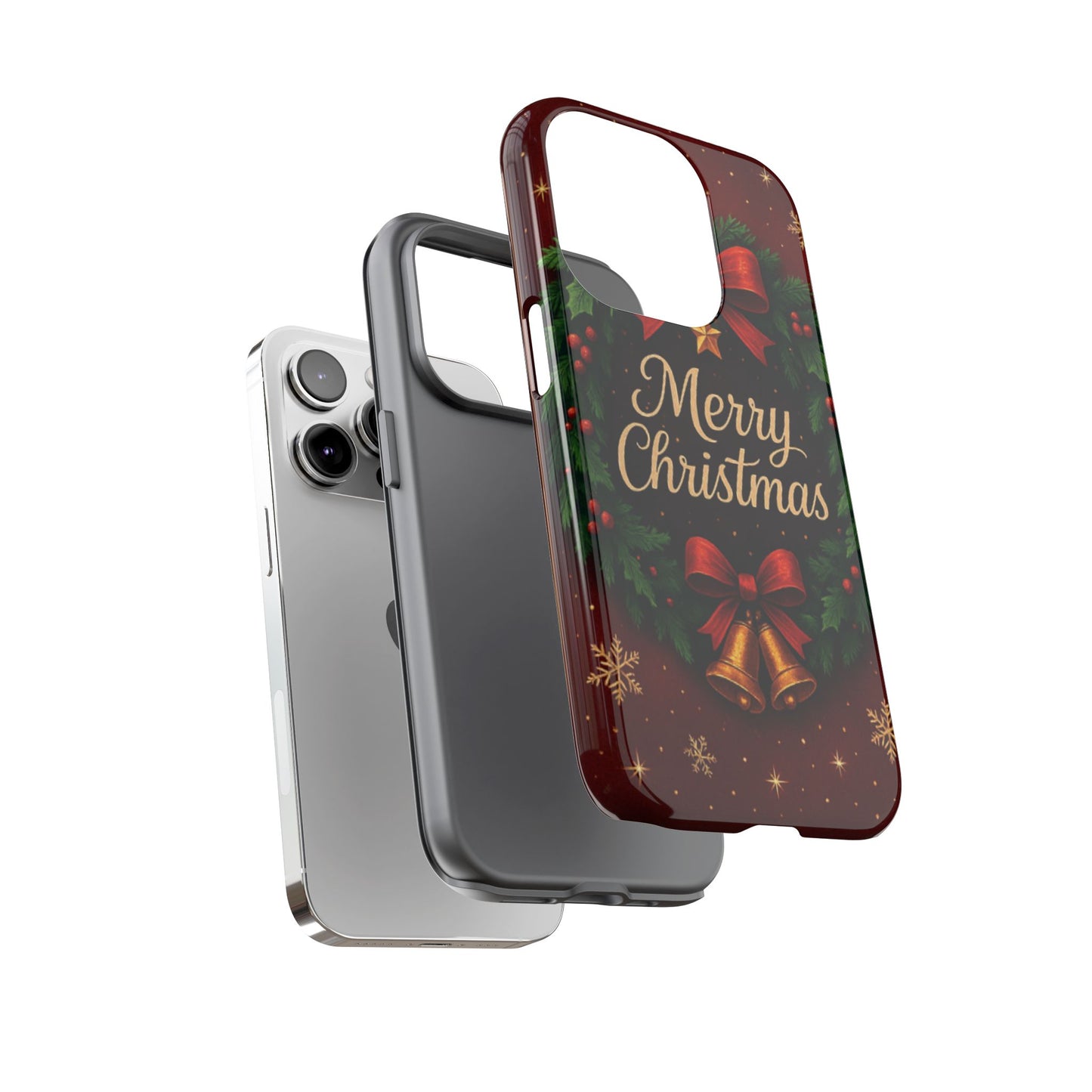 Merry Christmas Tough Phone Case — Festive Wreath & Bells Holiday Cover