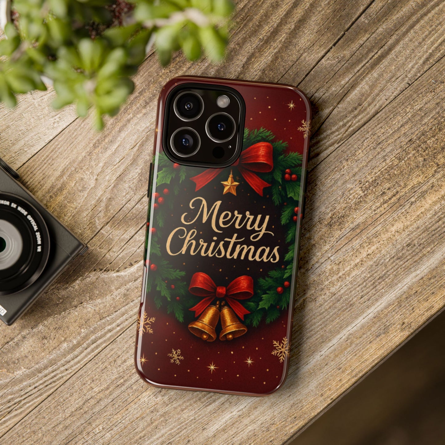 Merry Christmas Tough Phone Case — Festive Wreath & Bells Holiday Cover