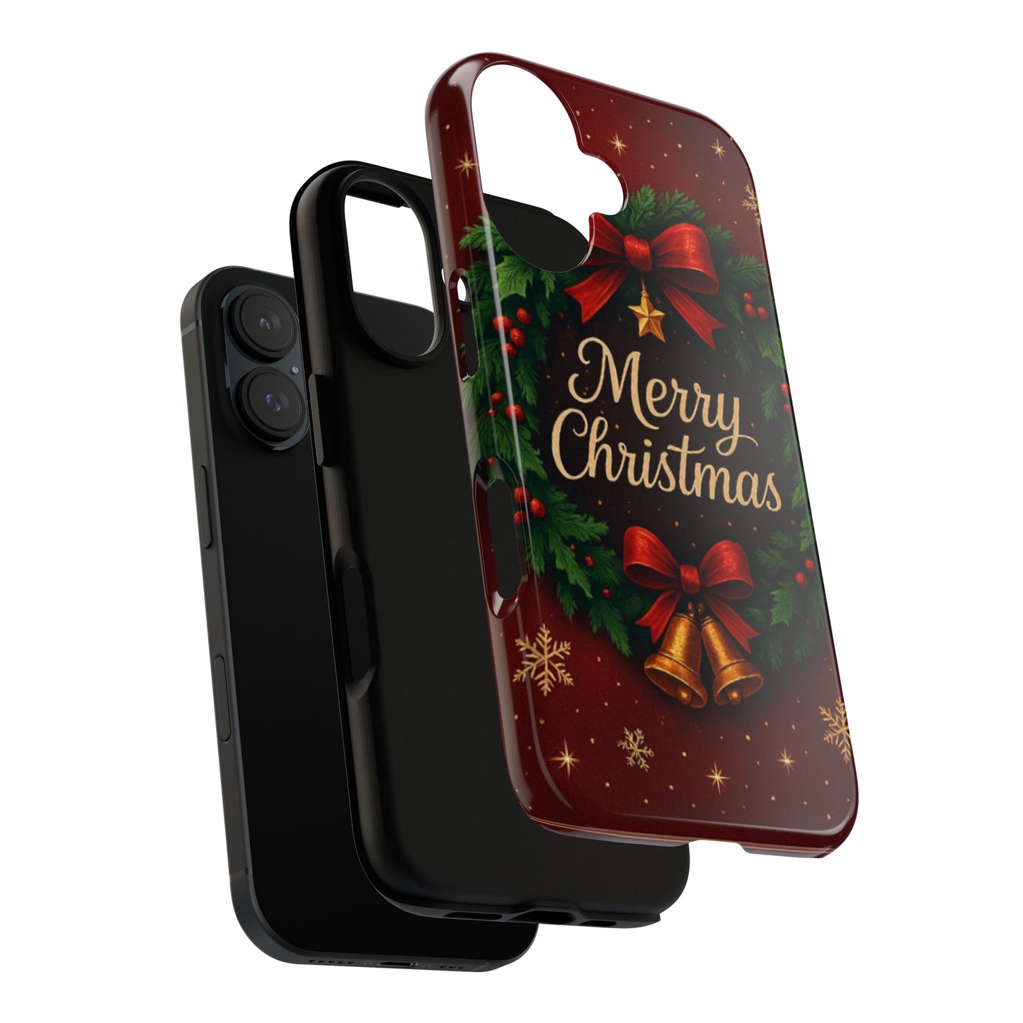 Merry Christmas Tough Phone Case — Festive Wreath & Bells Holiday Cover