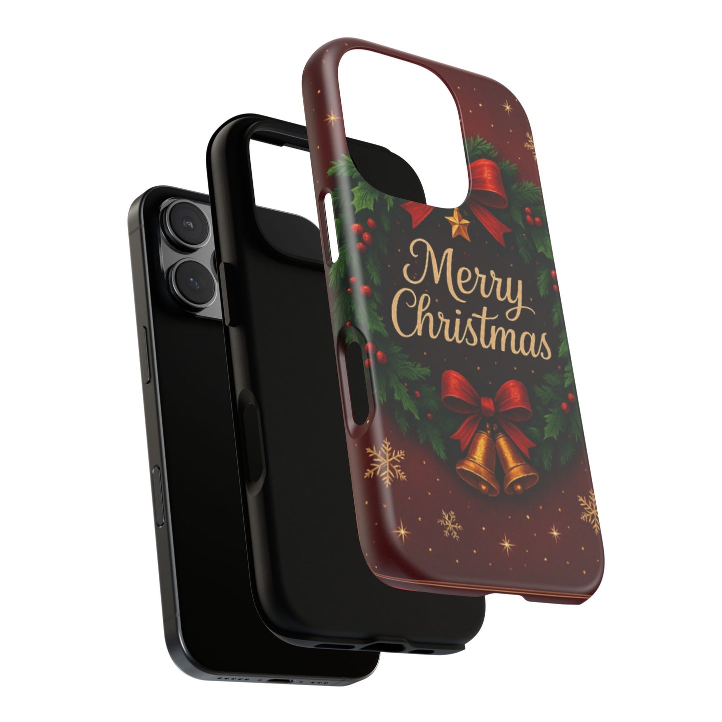 Merry Christmas Tough Phone Case — Festive Wreath & Bells Holiday Cover