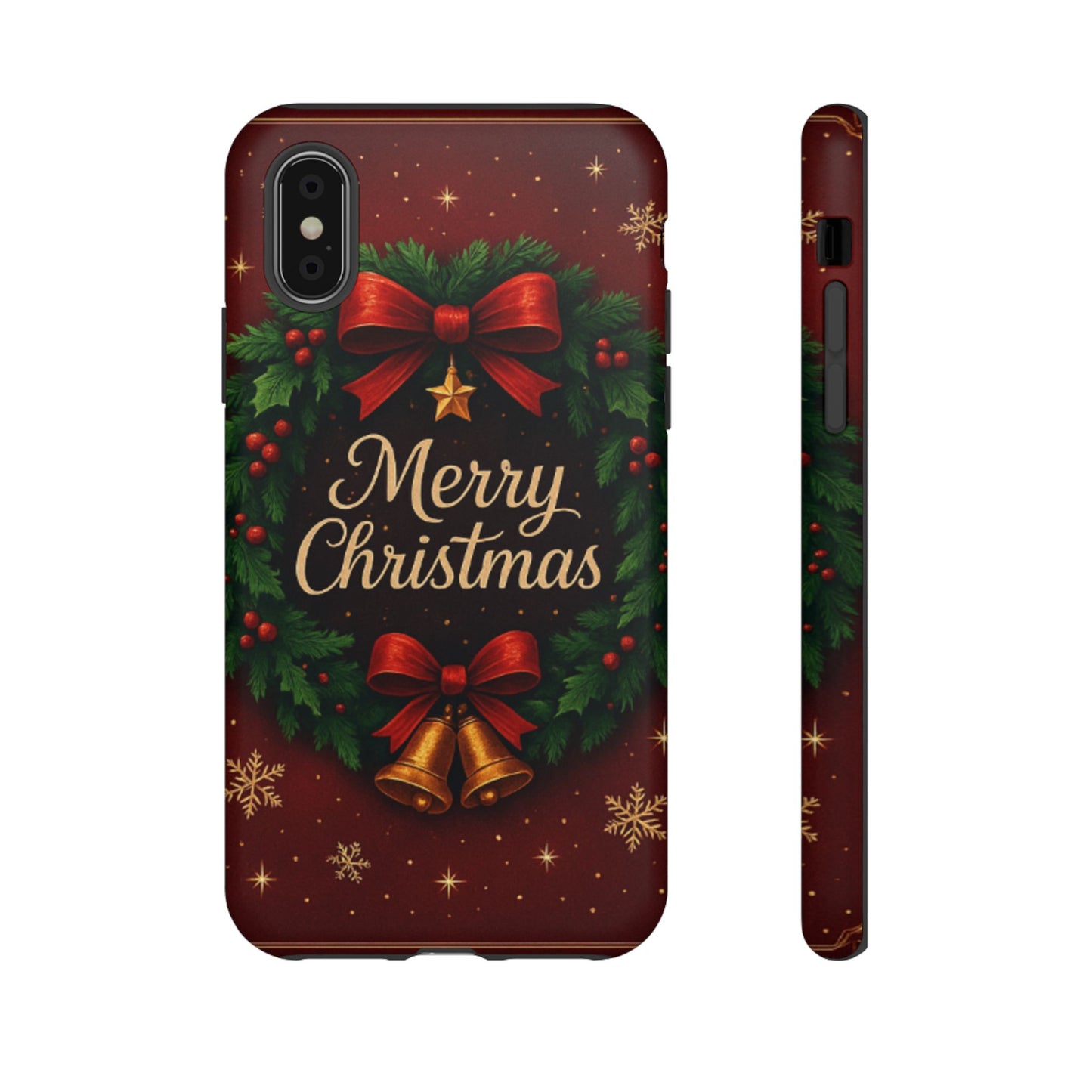 Merry Christmas Tough Phone Case — Festive Wreath & Bells Holiday Cover