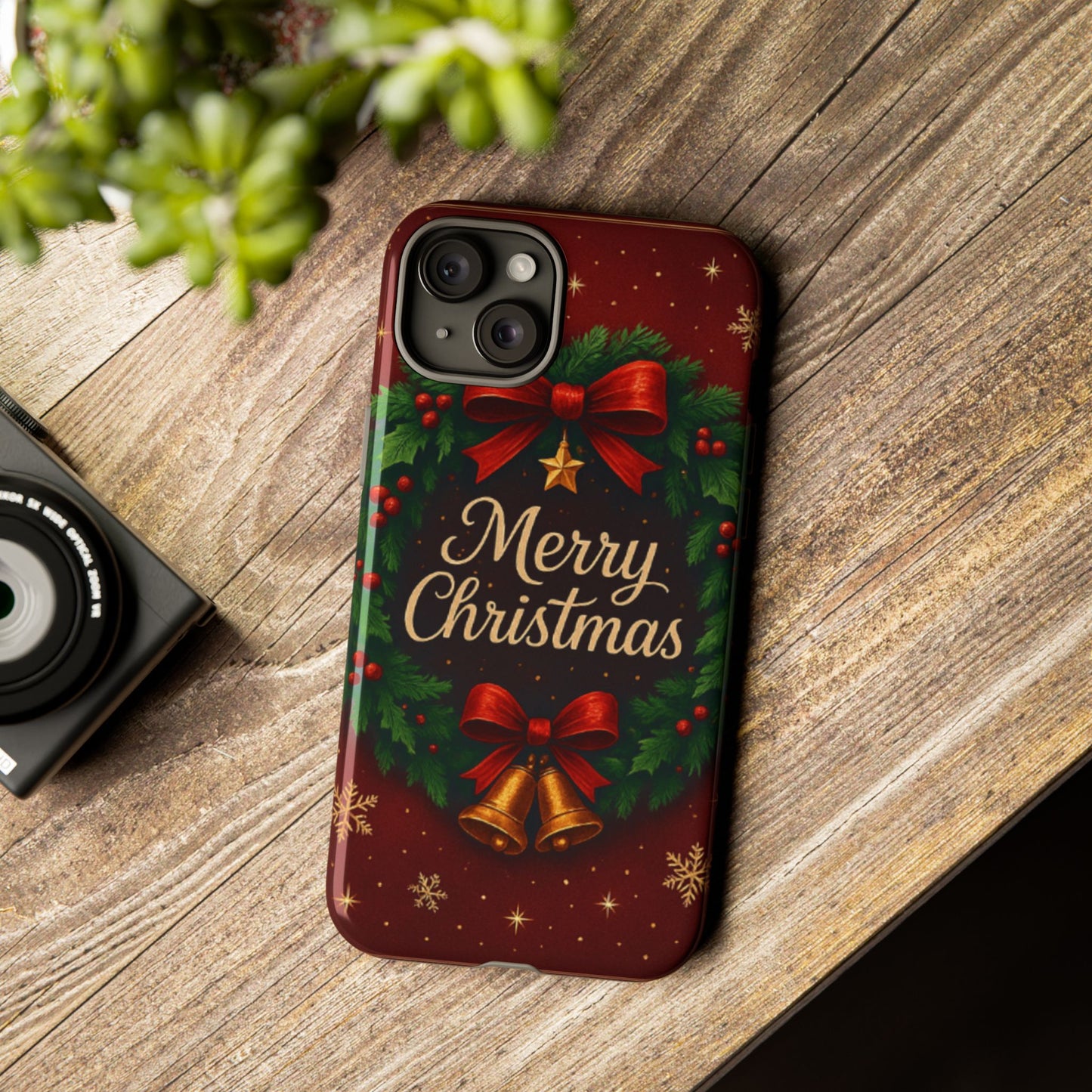 Merry Christmas Tough Phone Case — Festive Wreath & Bells Holiday Cover
