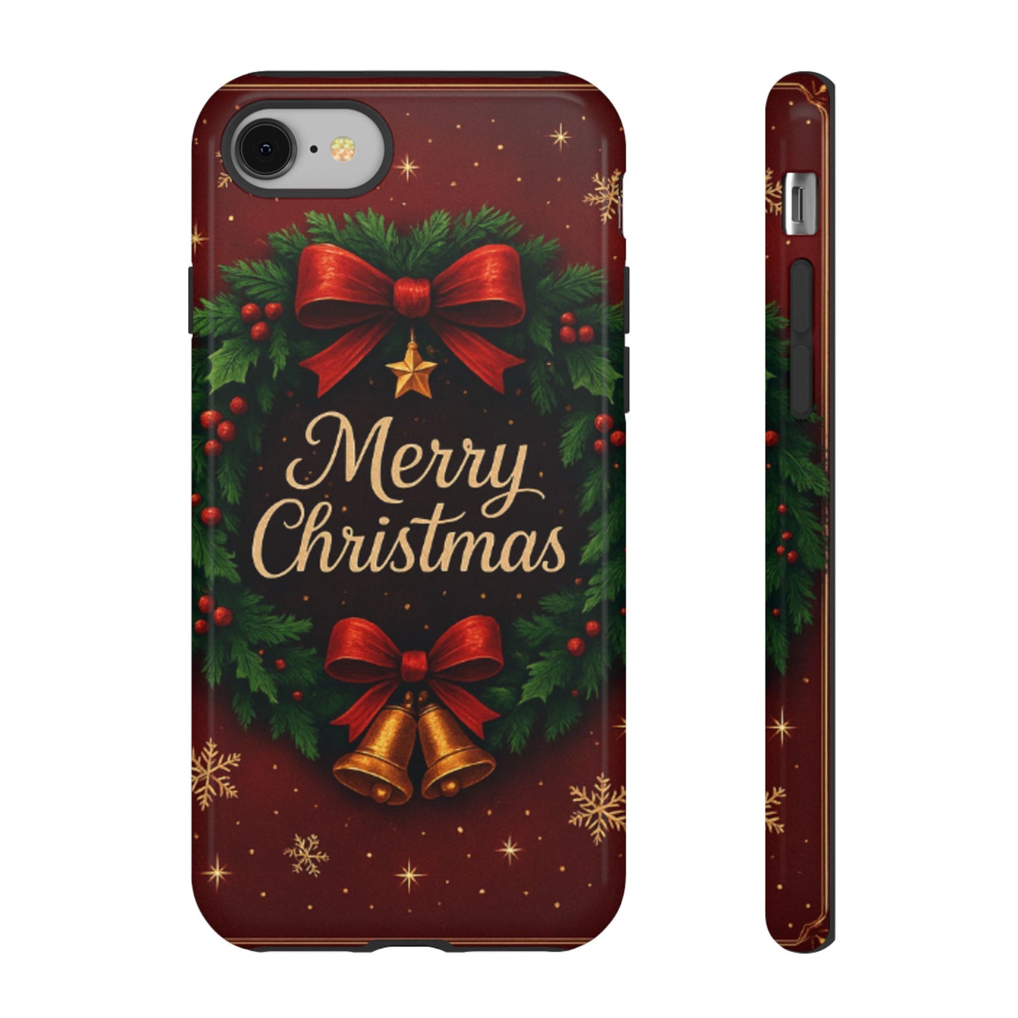 Merry Christmas Tough Phone Case — Festive Wreath & Bells Holiday Cover