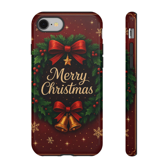 Merry Christmas Tough Phone Case — Festive Wreath & Bells Holiday Cover