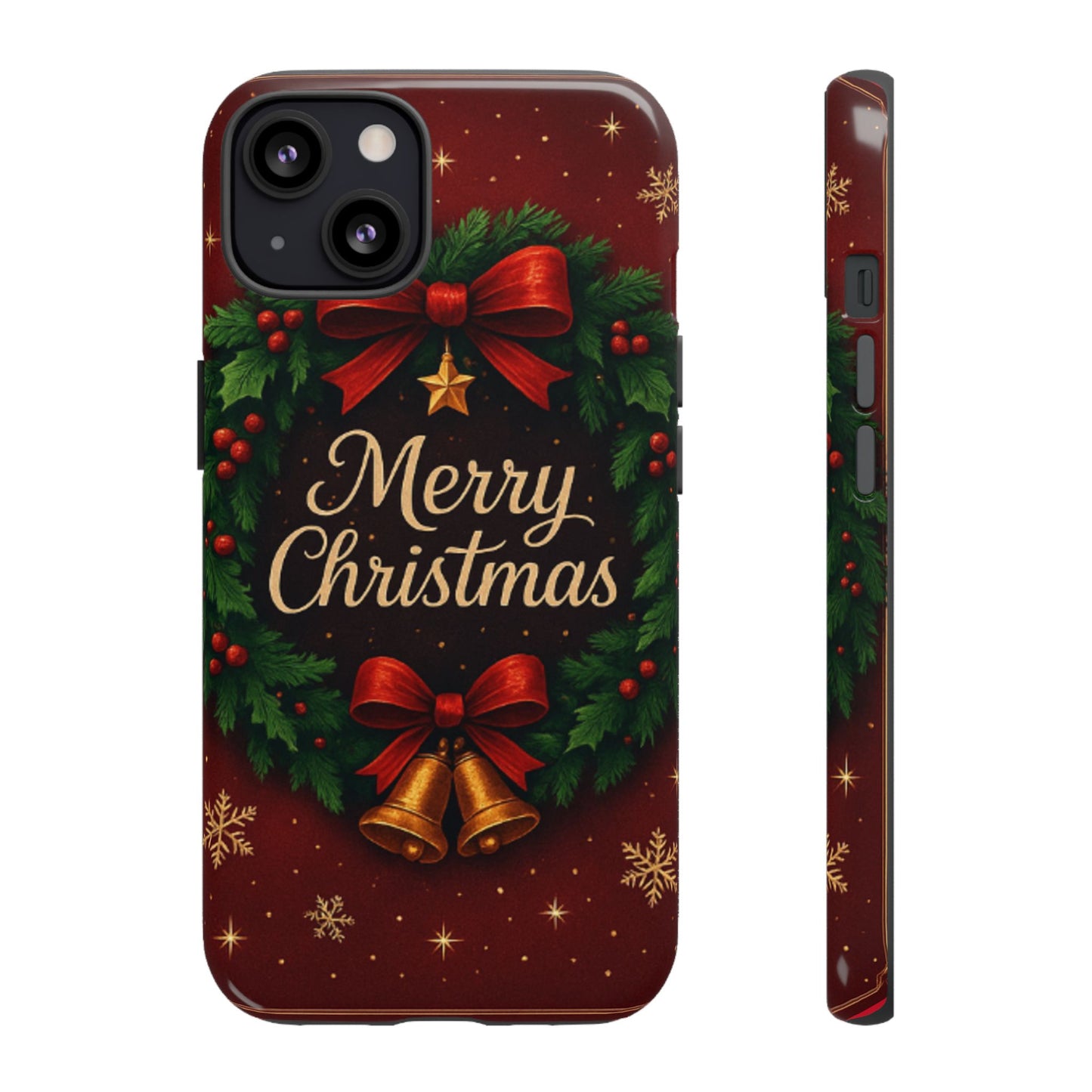 Merry Christmas Tough Phone Case — Festive Wreath & Bells Holiday Cover