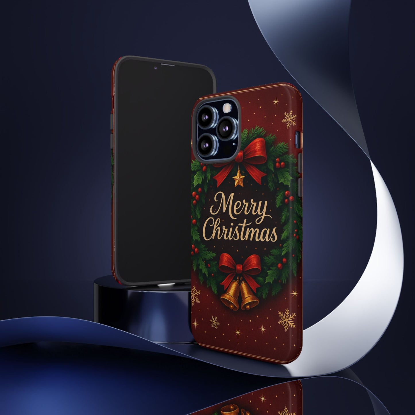 Merry Christmas Tough Phone Case — Festive Wreath & Bells Holiday Cover