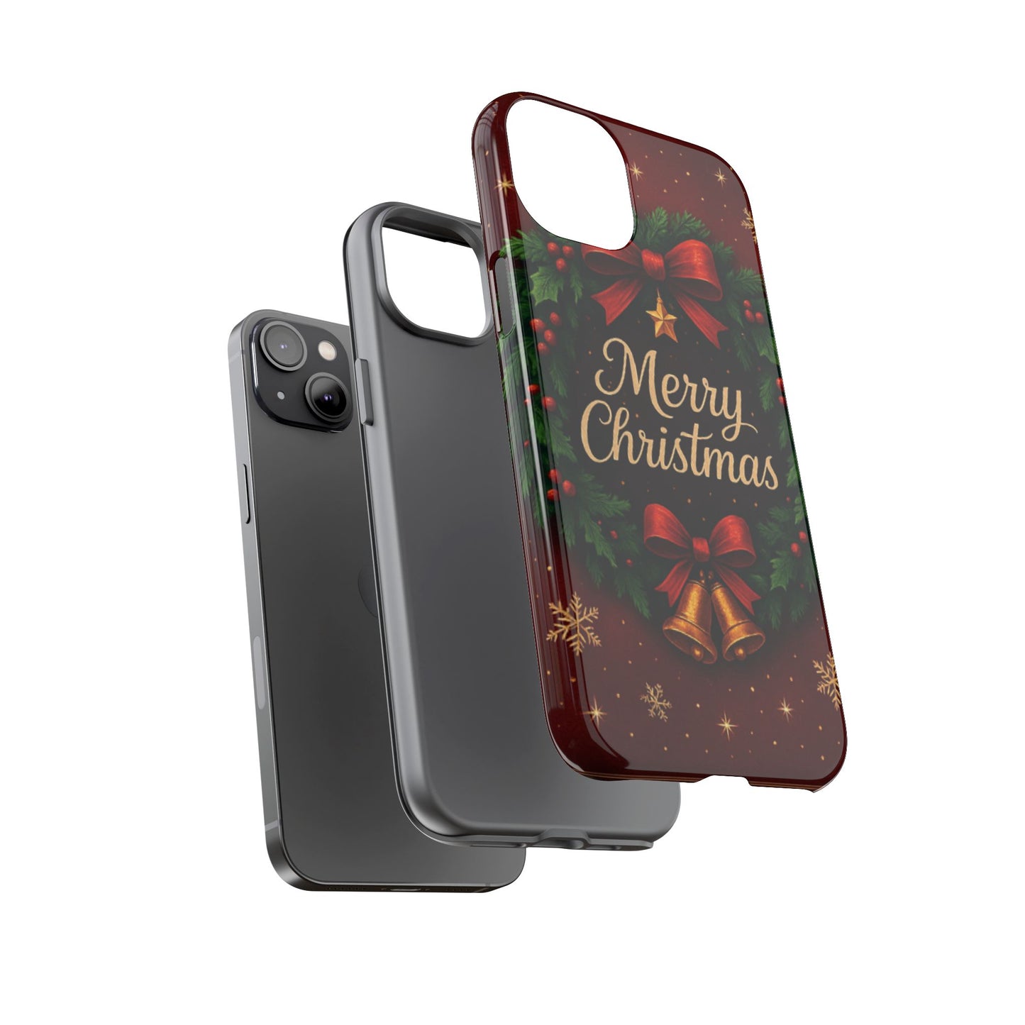 Merry Christmas Tough Phone Case — Festive Wreath & Bells Holiday Cover