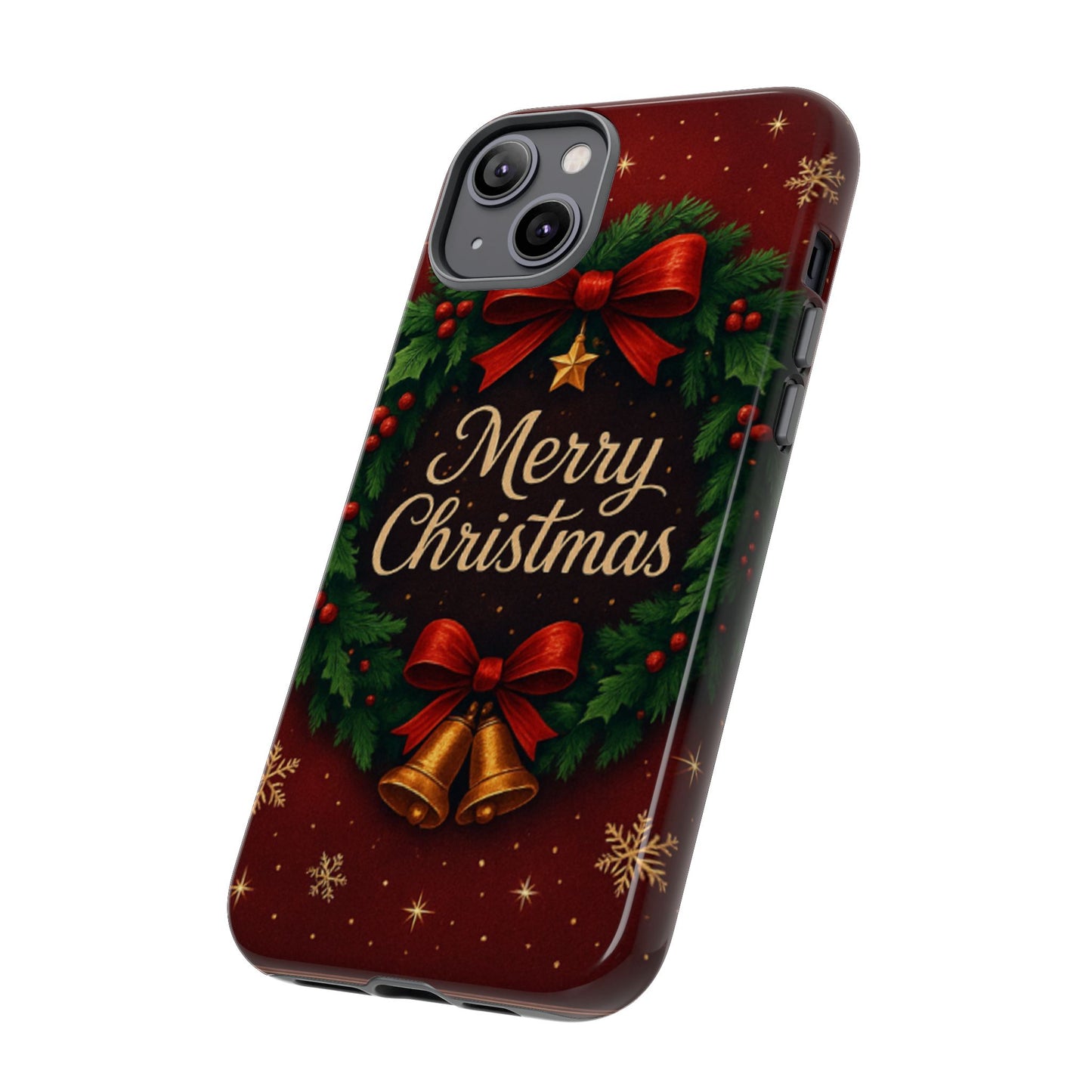 Merry Christmas Tough Phone Case — Festive Wreath & Bells Holiday Cover