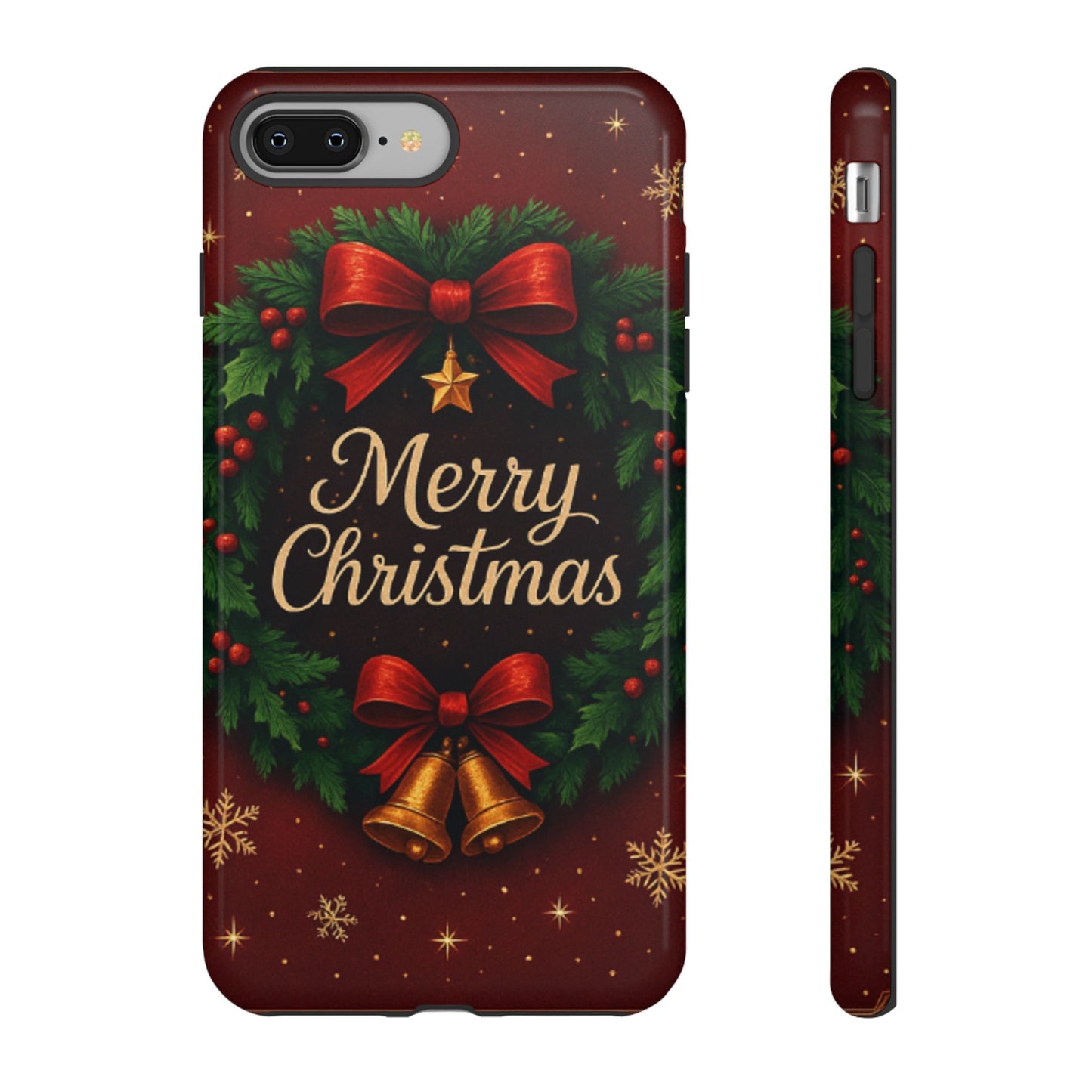 Merry Christmas Tough Phone Case — Festive Wreath & Bells Holiday Cover
