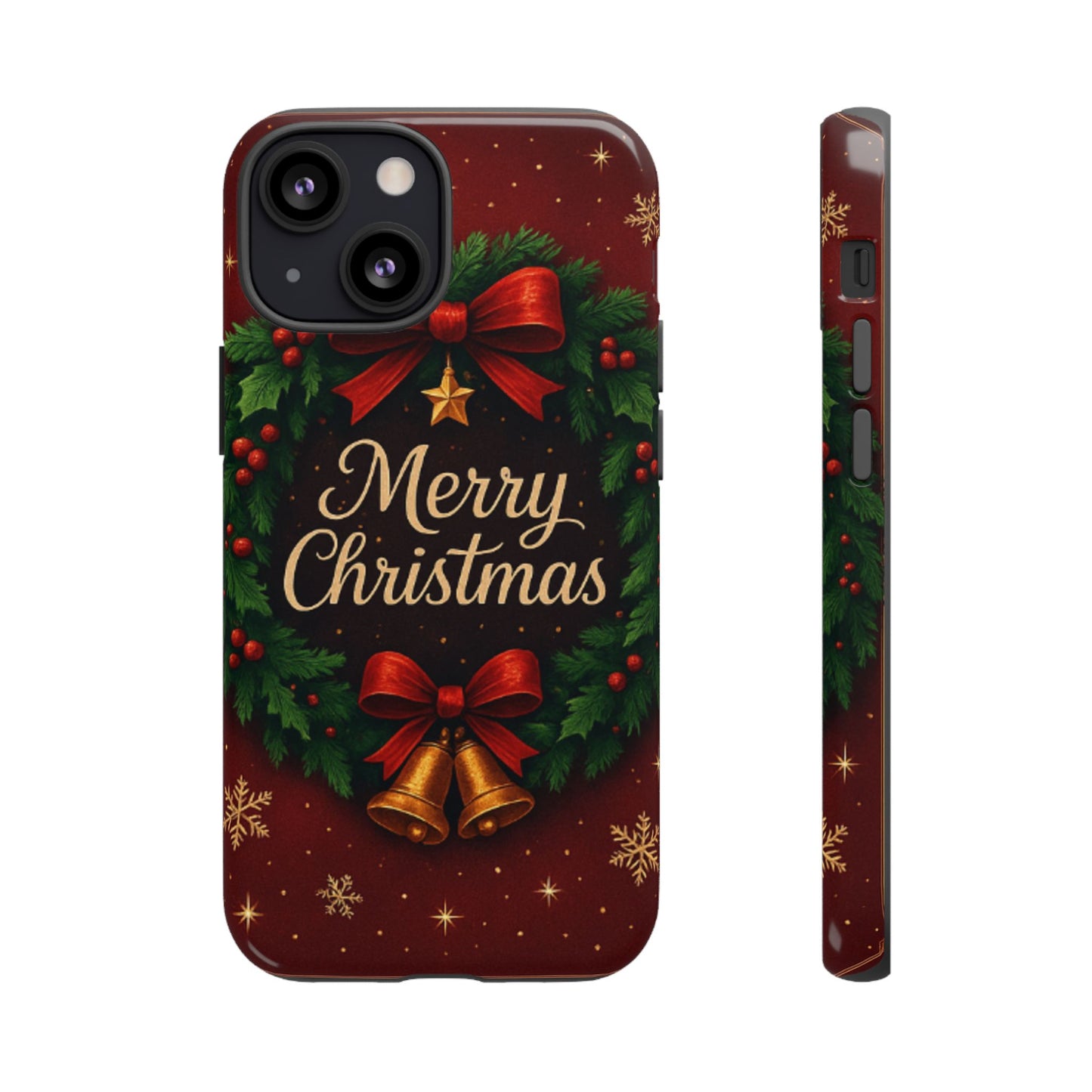 Merry Christmas Tough Phone Case — Festive Wreath & Bells Holiday Cover