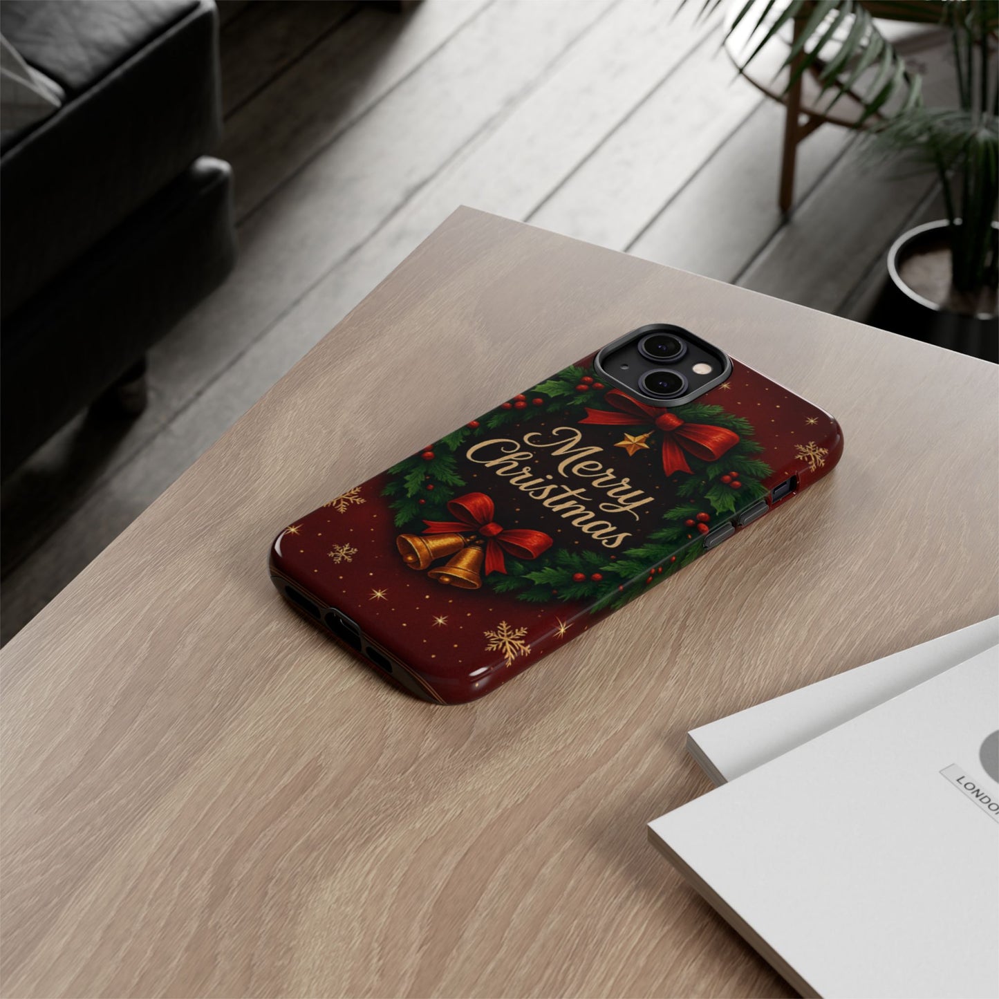 Merry Christmas Tough Phone Case — Festive Wreath & Bells Holiday Cover