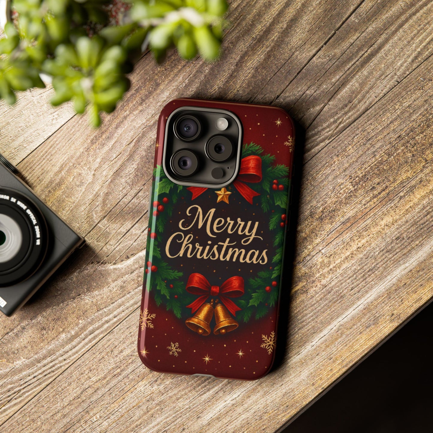 Merry Christmas Tough Phone Case — Festive Wreath & Bells Holiday Cover
