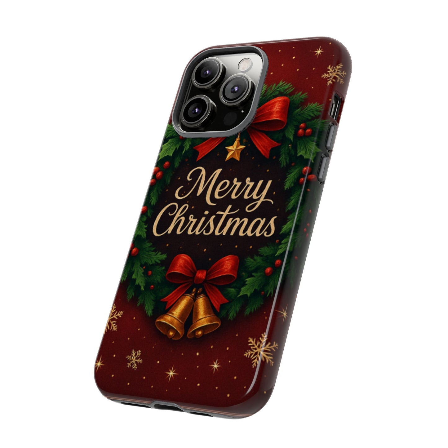 Merry Christmas Tough Phone Case — Festive Wreath & Bells Holiday Cover
