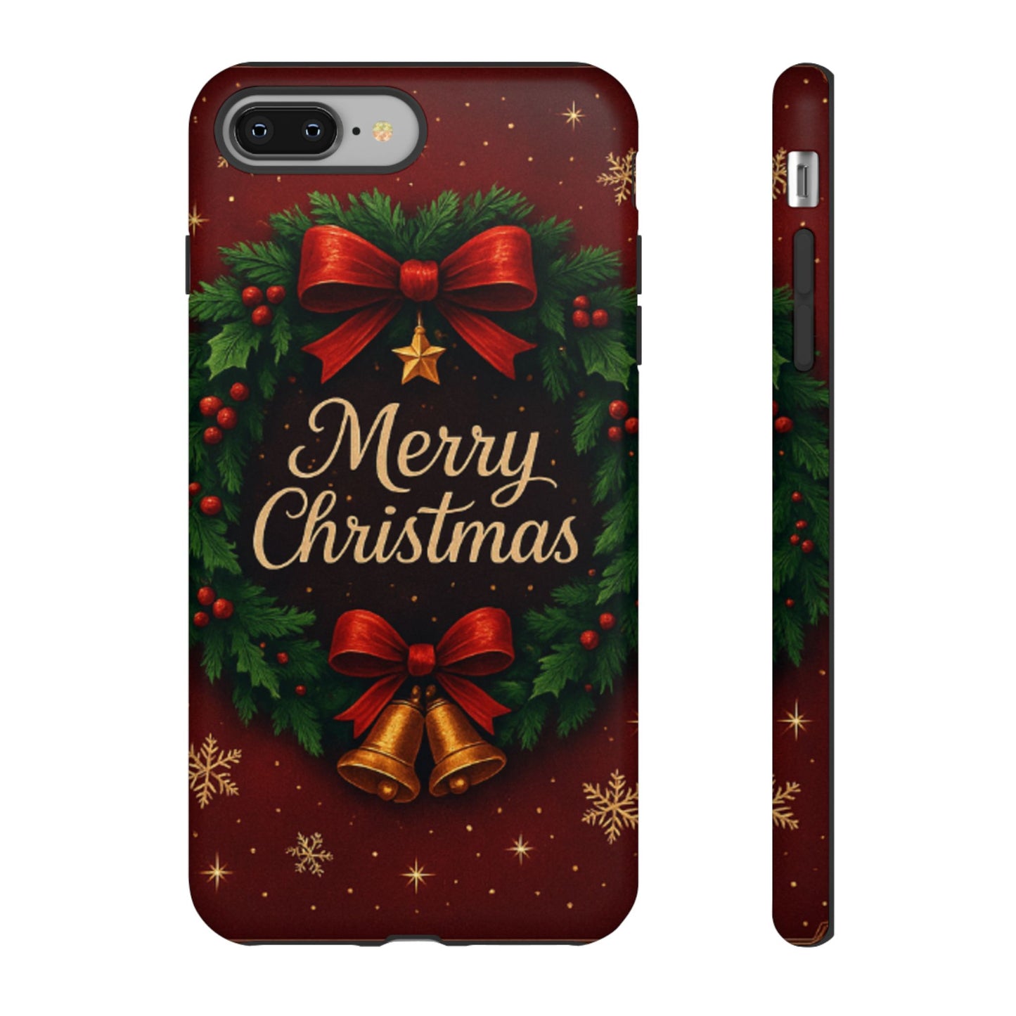 Merry Christmas Tough Phone Case — Festive Wreath & Bells Holiday Cover