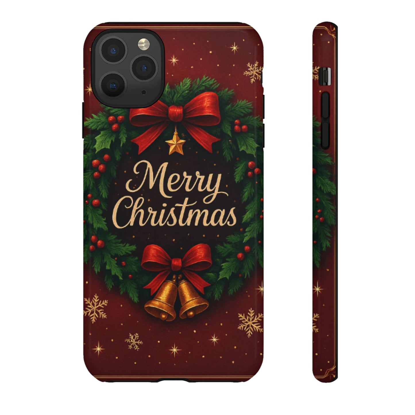 Merry Christmas Tough Phone Case — Festive Wreath & Bells Holiday Cover