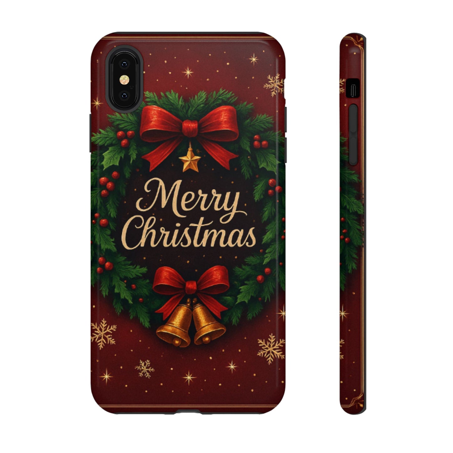 Merry Christmas Tough Phone Case — Festive Wreath & Bells Holiday Cover