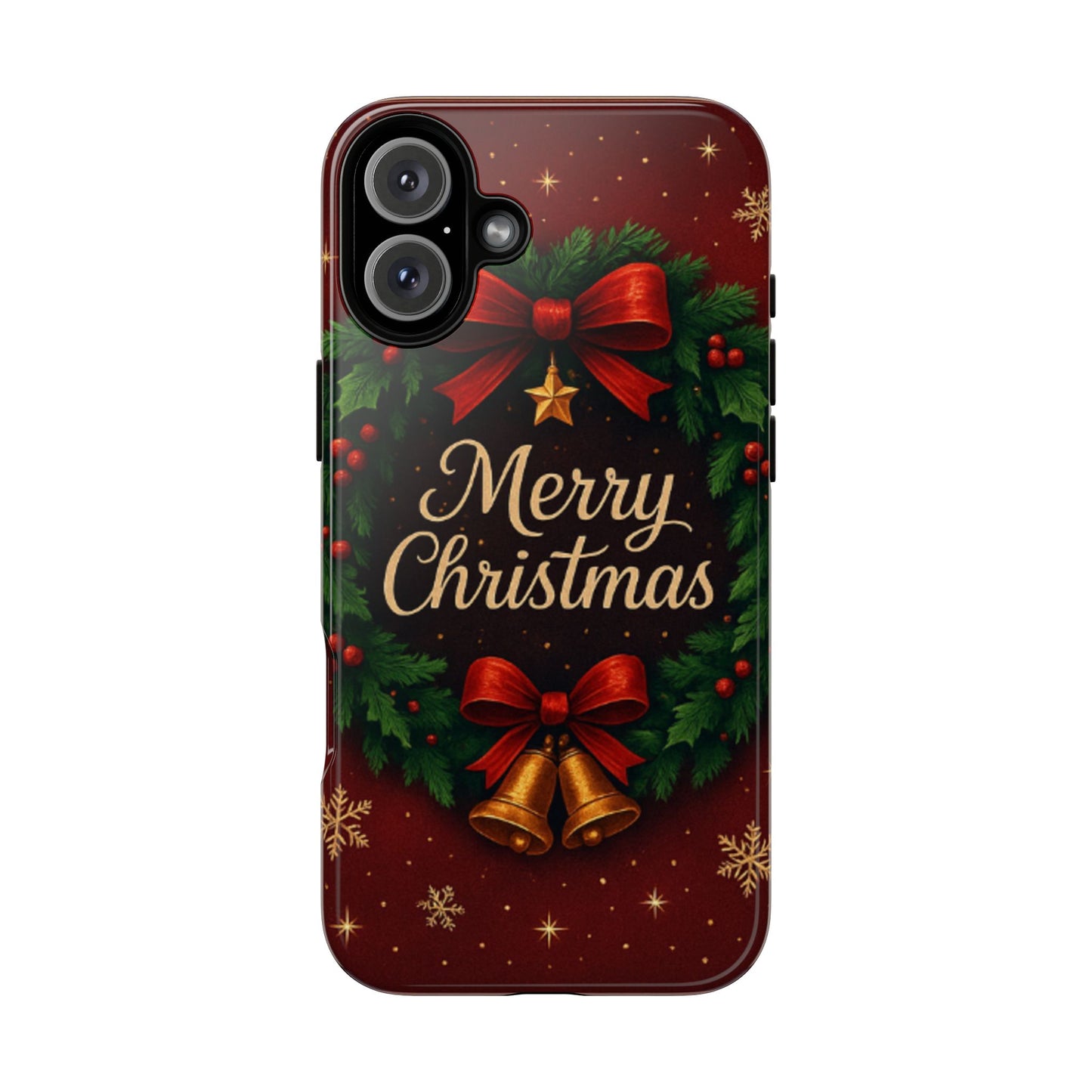Merry Christmas Tough Phone Case — Festive Wreath & Bells Holiday Cover