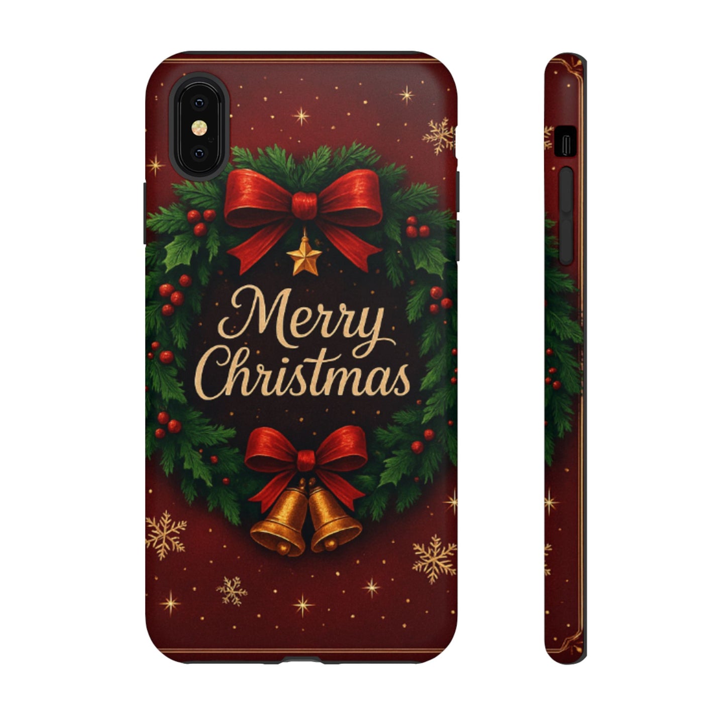 Merry Christmas Tough Phone Case — Festive Wreath & Bells Holiday Cover