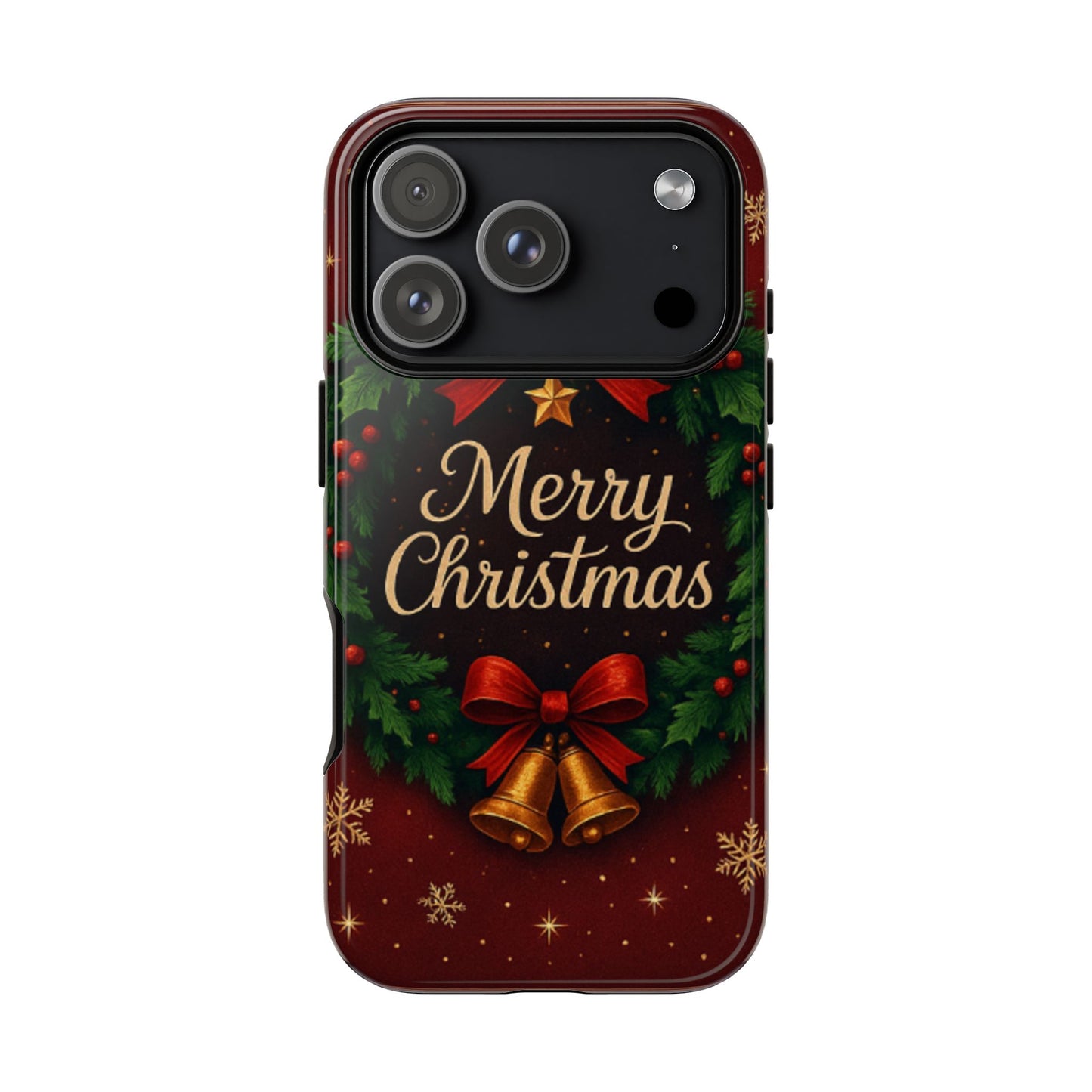Merry Christmas Tough Phone Case — Festive Wreath & Bells Holiday Cover
