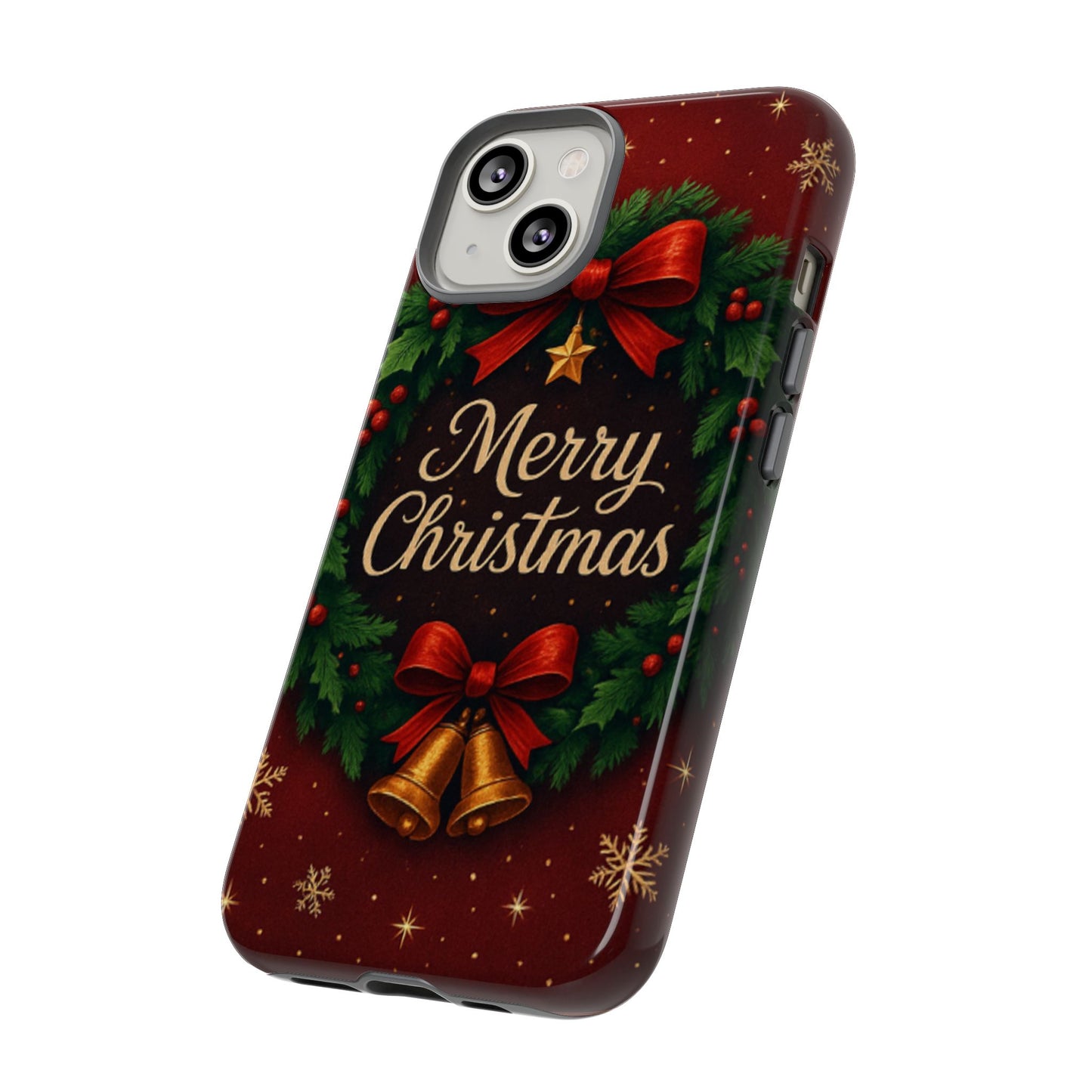 Merry Christmas Tough Phone Case — Festive Wreath & Bells Holiday Cover