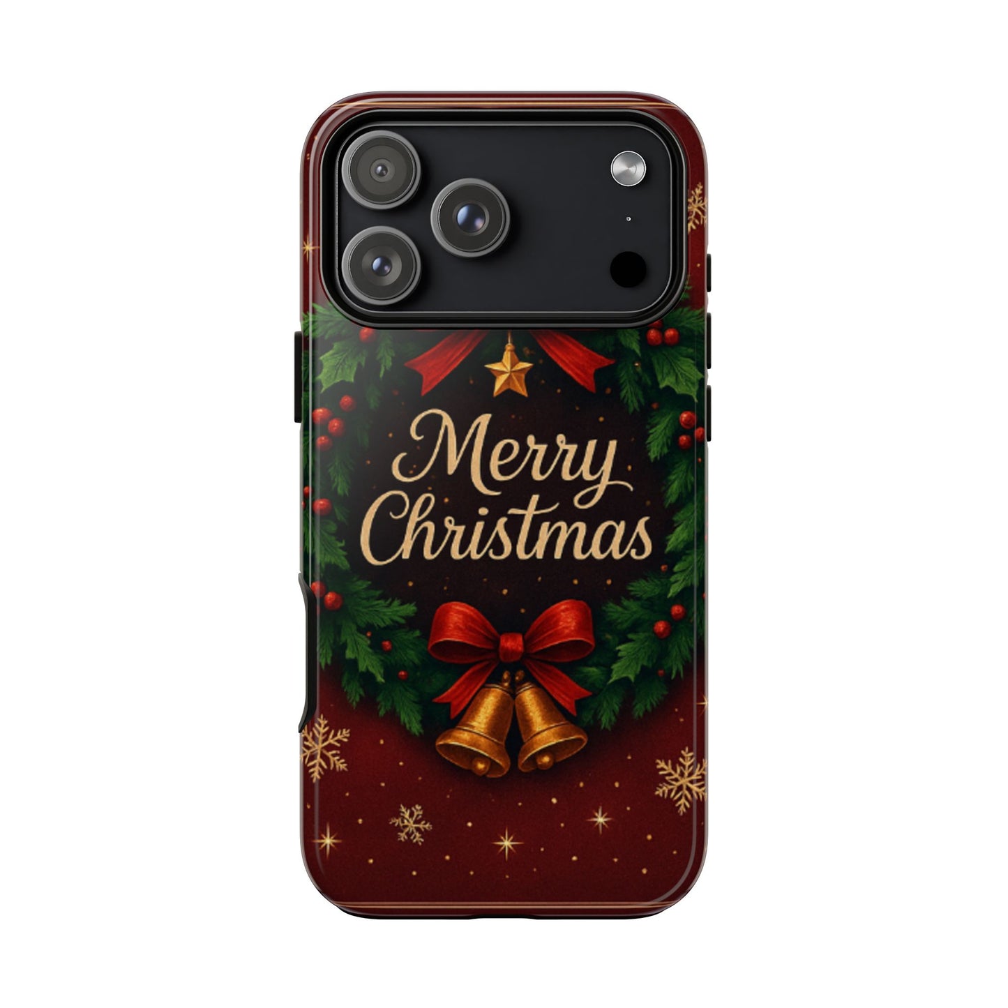 Merry Christmas Tough Phone Case — Festive Wreath & Bells Holiday Cover