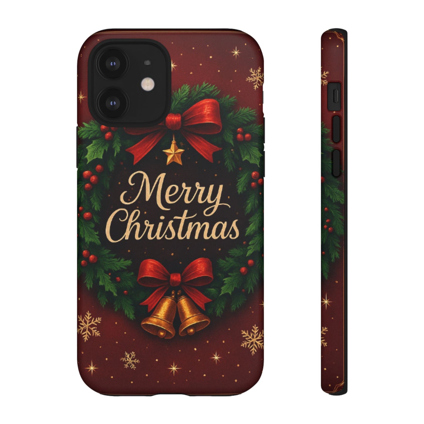 Merry Christmas Tough Phone Case — Festive Wreath & Bells Holiday Cover