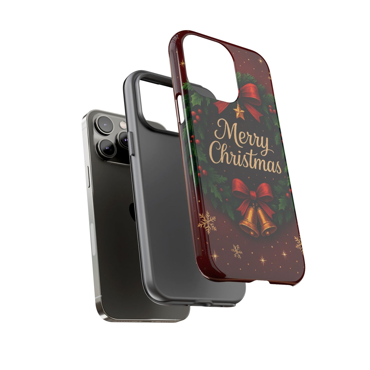 Merry Christmas Tough Phone Case — Festive Wreath & Bells Holiday Cover