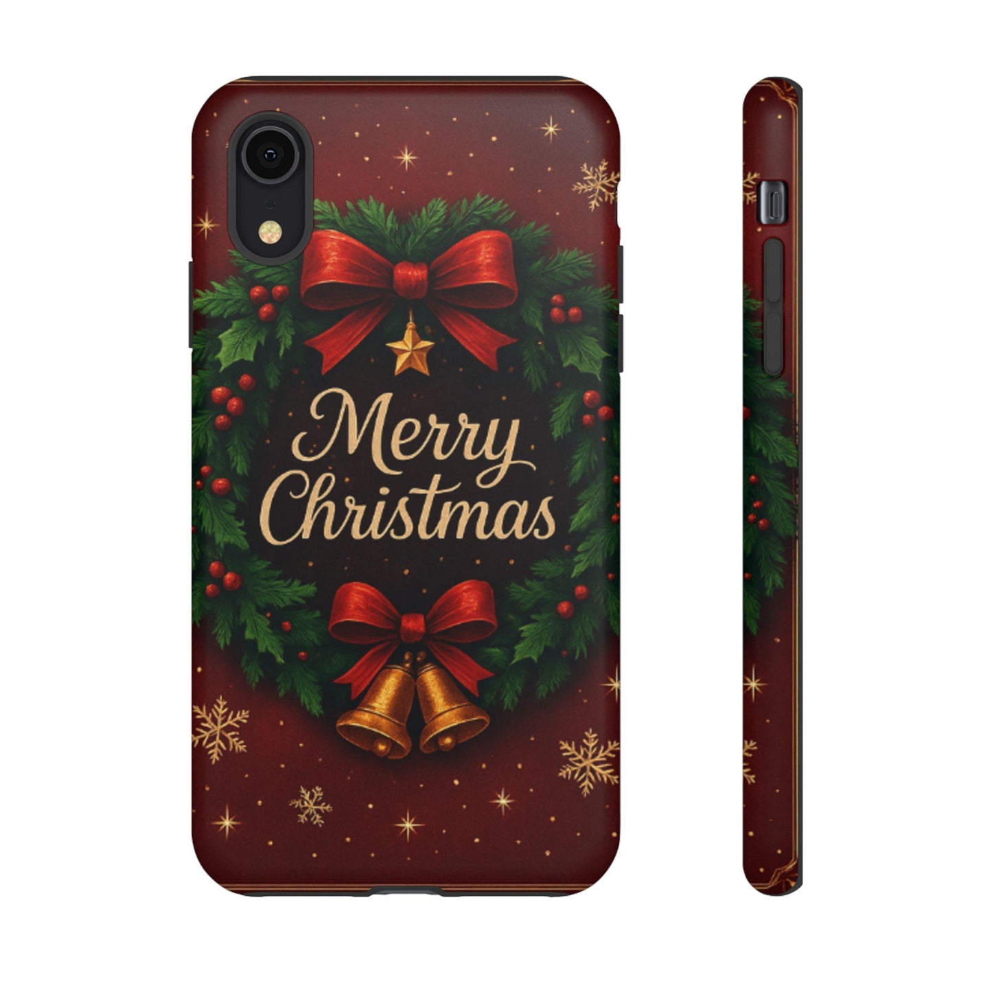 Merry Christmas Tough Phone Case — Festive Wreath & Bells Holiday Cover