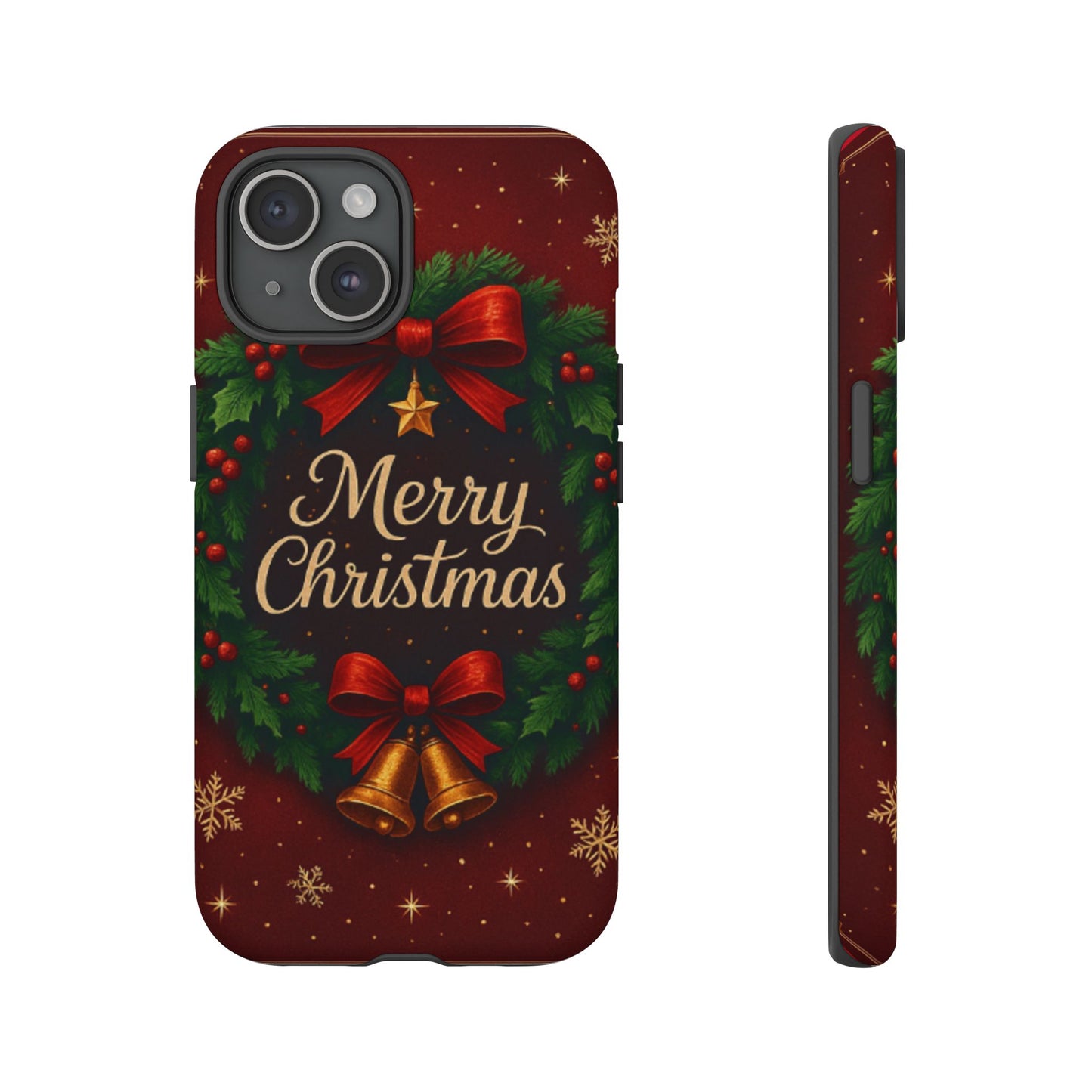 Merry Christmas Tough Phone Case — Festive Wreath & Bells Holiday Cover