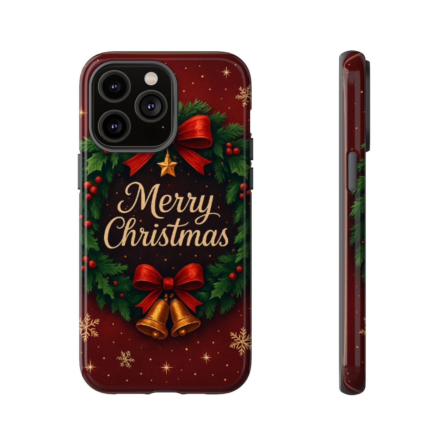 Merry Christmas Tough Phone Case — Festive Wreath & Bells Holiday Cover