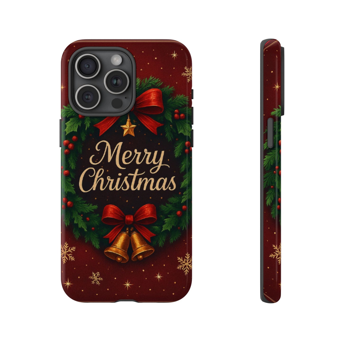 Merry Christmas Tough Phone Case — Festive Wreath & Bells Holiday Cover
