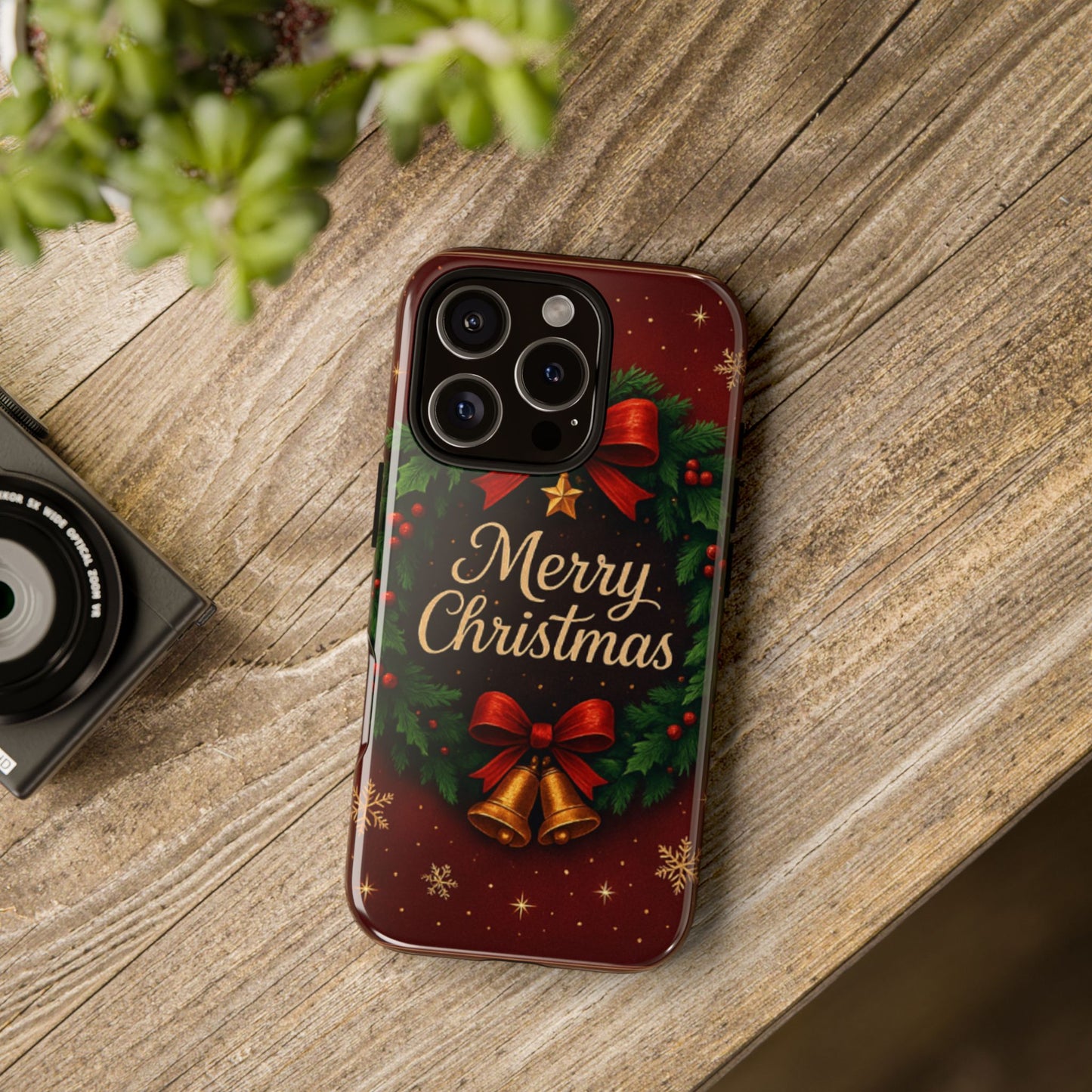 Merry Christmas Tough Phone Case — Festive Wreath & Bells Holiday Cover